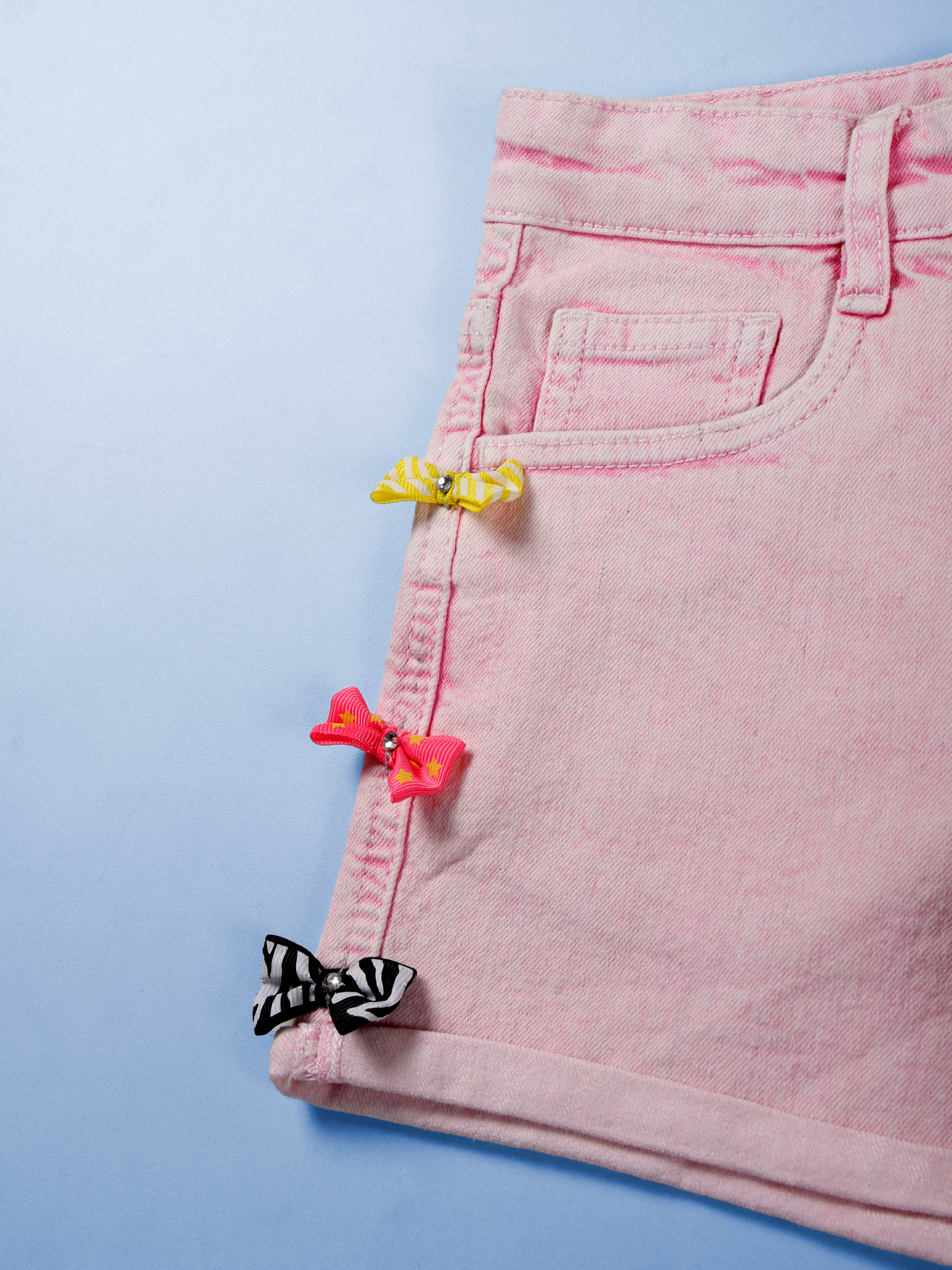 Girls Rollup Denim Shorts With Flowers and Appliques