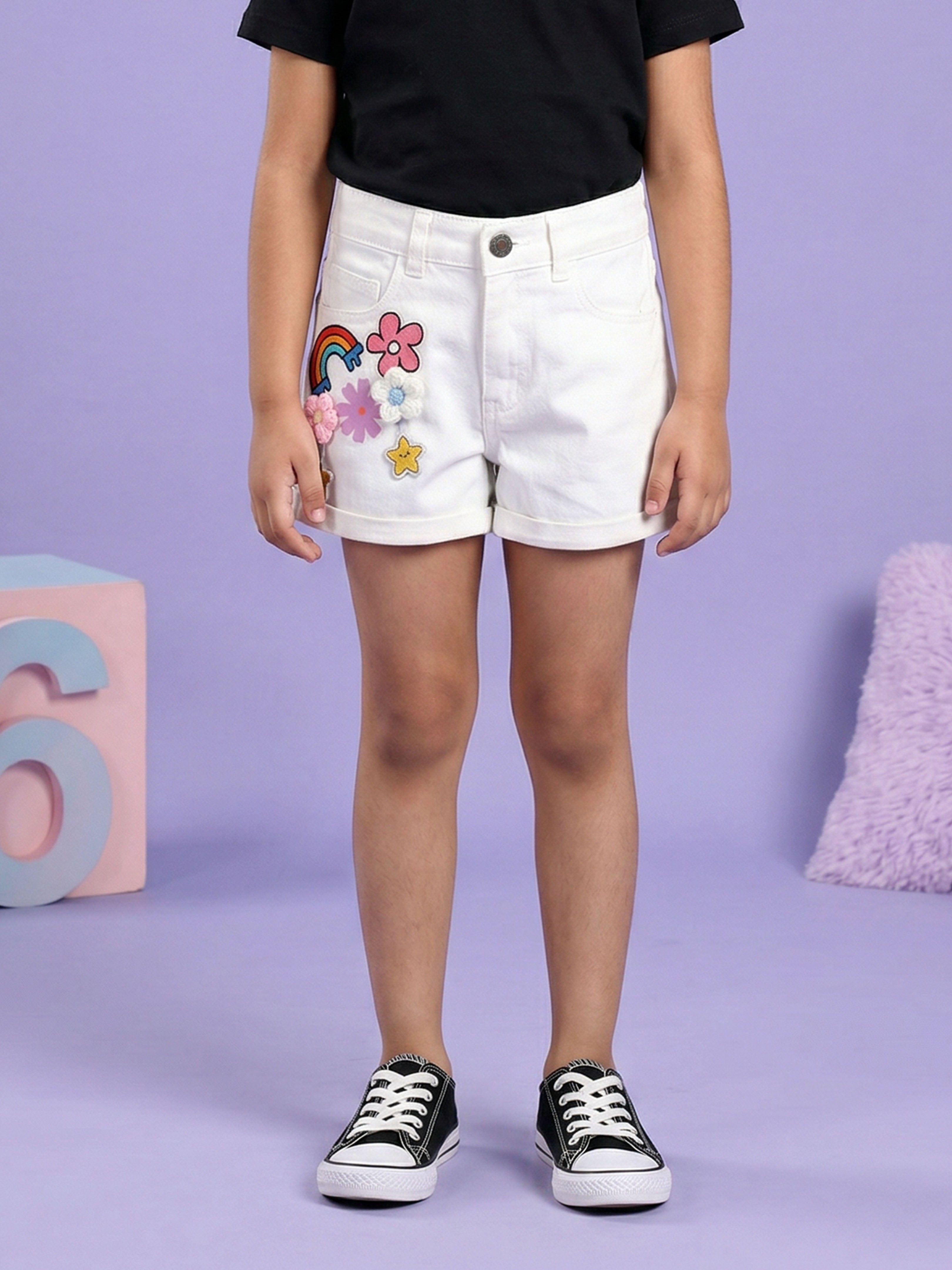 Girls Rollup Denim Shorts With Flowers and Appliques