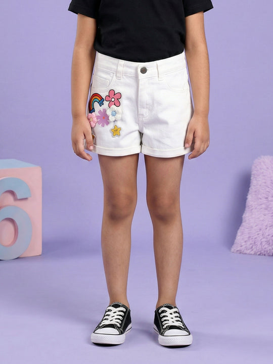 Girls Rollup Denim Shorts With Flowers and Appliques
