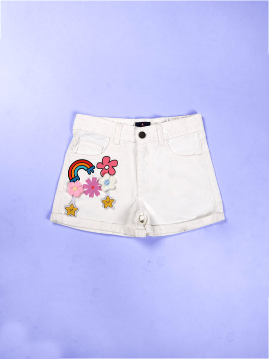 Girls Rollup Denim Shorts With Flowers and Appliques