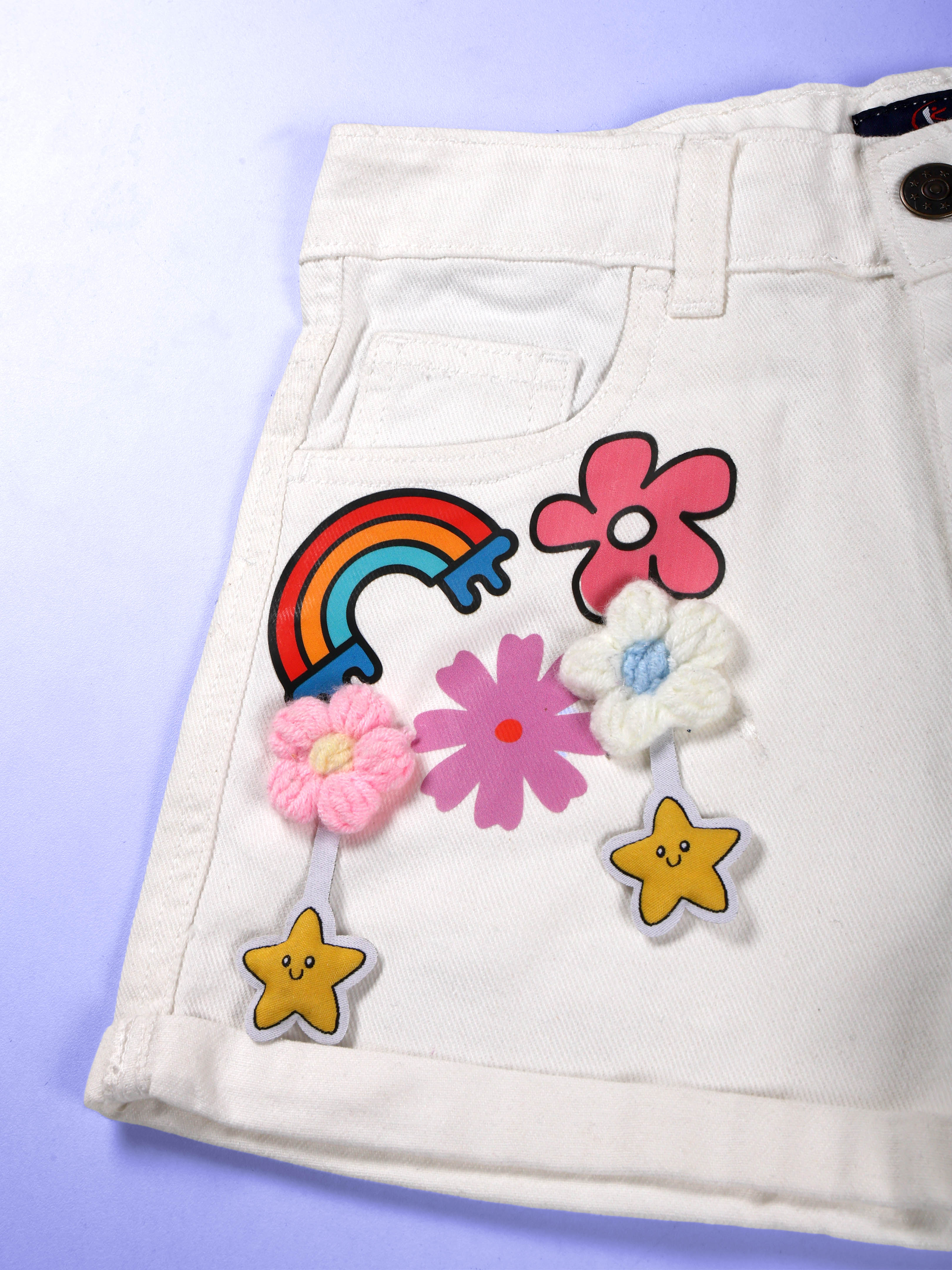 Girls Rollup Denim Shorts With Flowers and Appliques