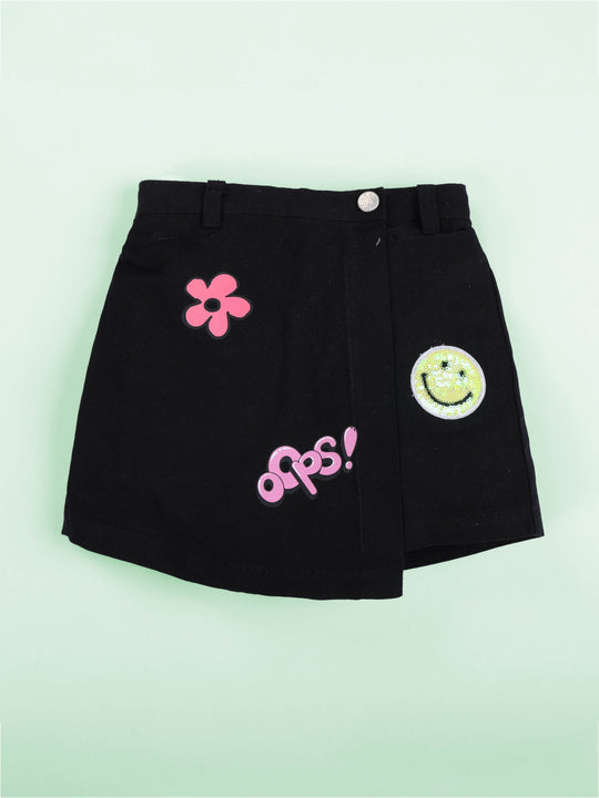 KiddoPanti Girls Cotton Over Lap Skort With Flowers and Pearls With Multi Badge