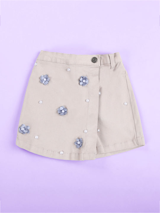 KiddoPanti Girls Cotton Over Lap Skort With Flowers and Pearls With Multi Badge