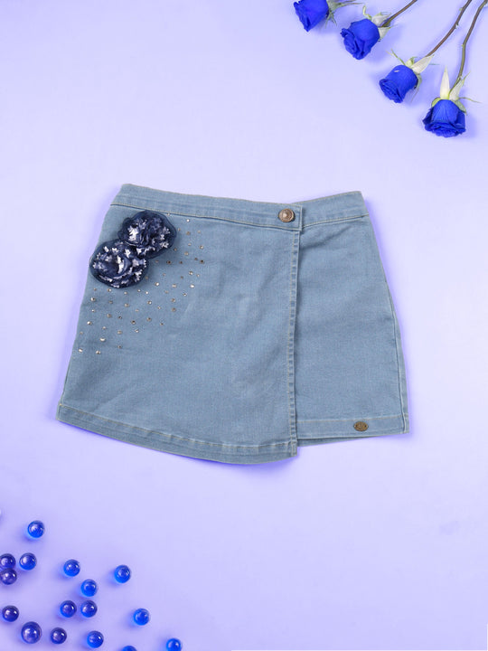 Kiddopanti Girls Denim Woven Over Lap Shorts With Flowers and Rhinestones