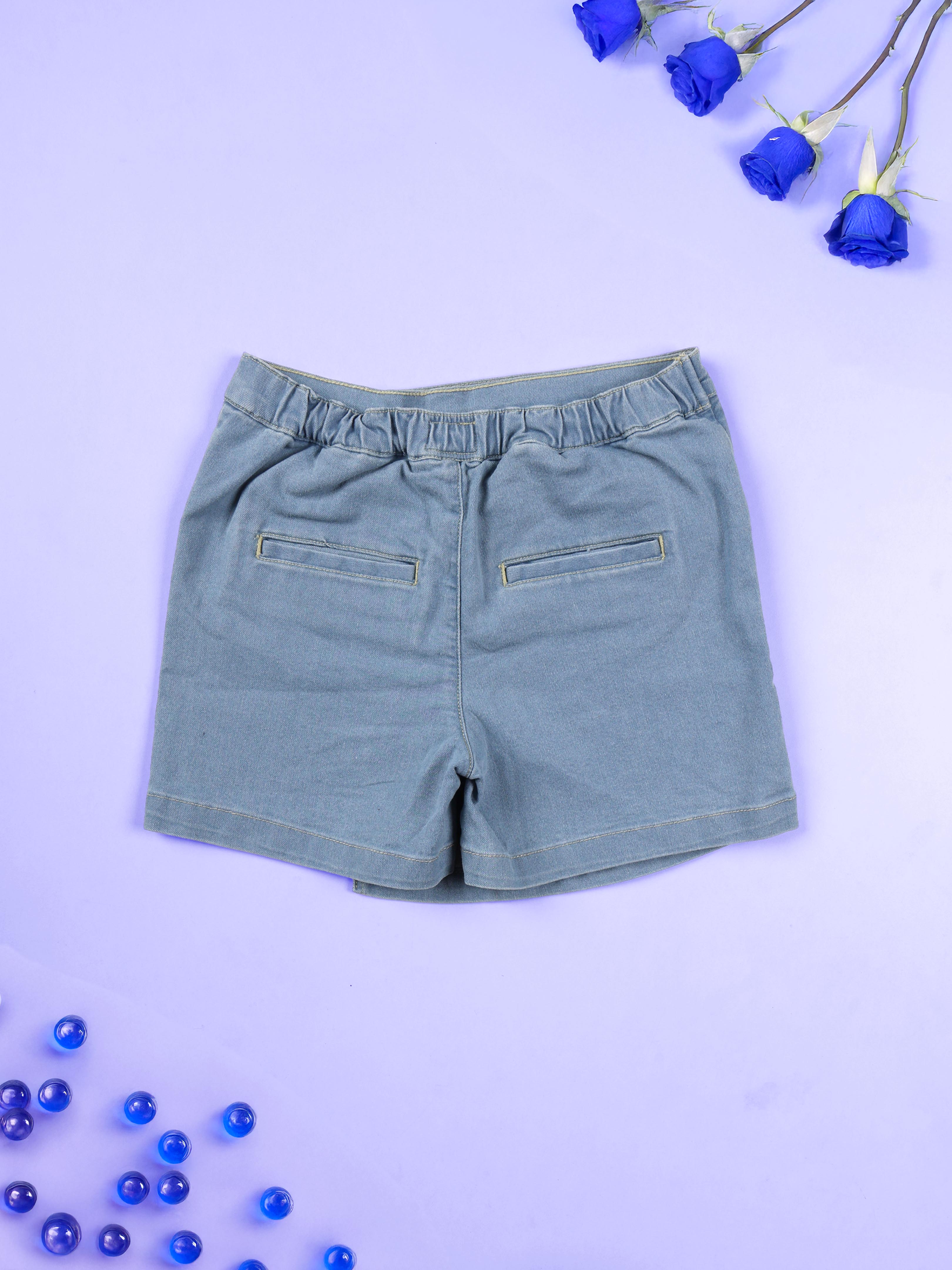 Kiddopanti Girls Denim Woven Over Lap Shorts With Flowers and Rhinestones