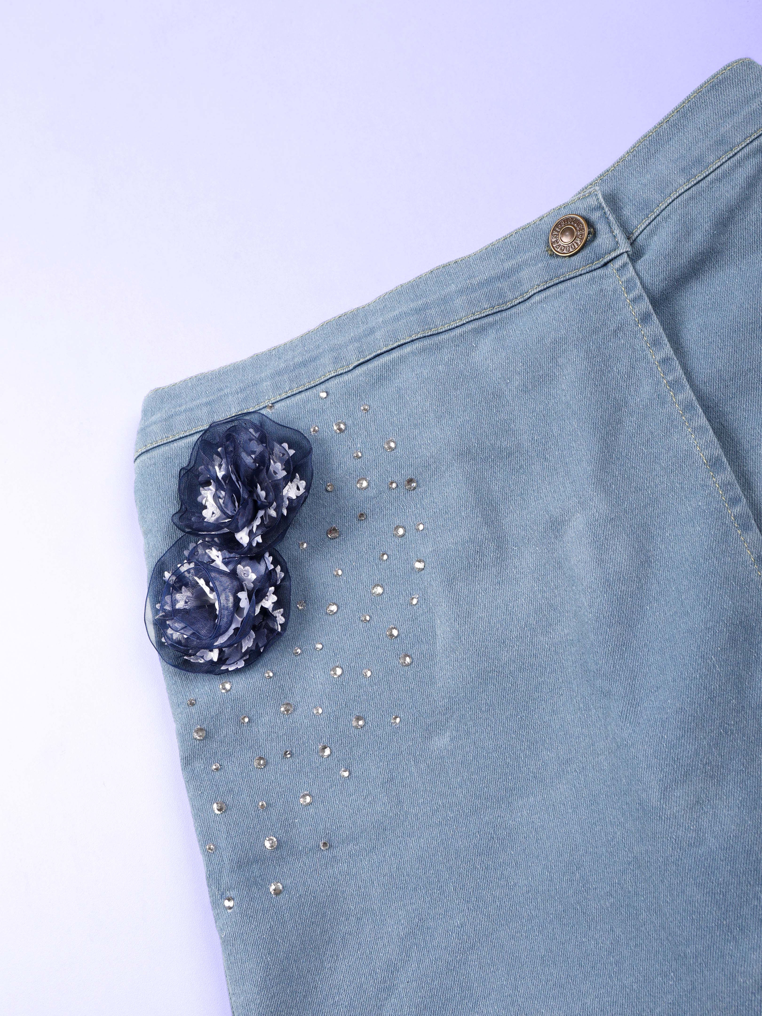 Kiddopanti Girls Denim Woven Over Lap Shorts With Flowers and Rhinestones