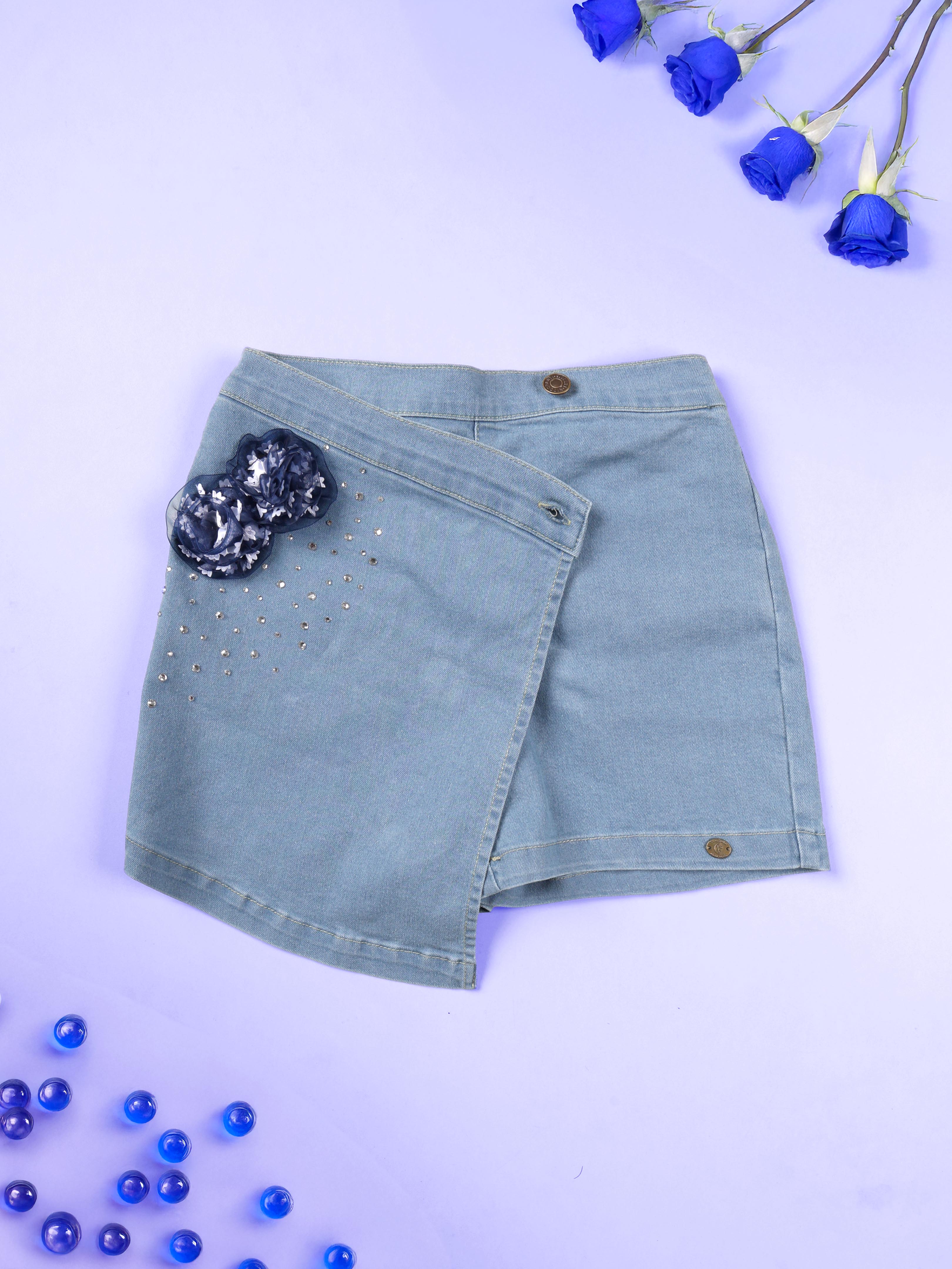 Kiddopanti Girls Denim Woven Over Lap Shorts With Flowers and Rhinestones