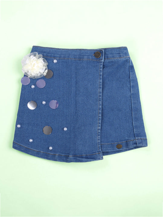 KiddoPanti Girls Cotton Over Lap Skort With Flowers and Pearls With Multi Badge