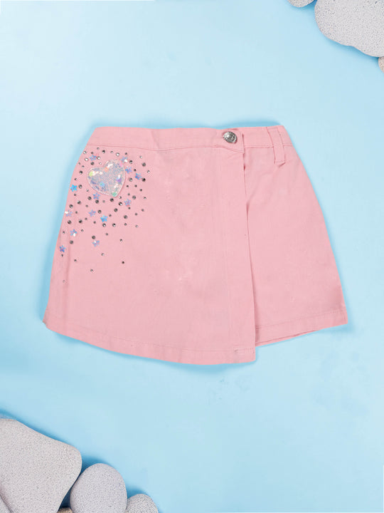 Girls Cotton Over Lap Skort With Applique and Rhinestones