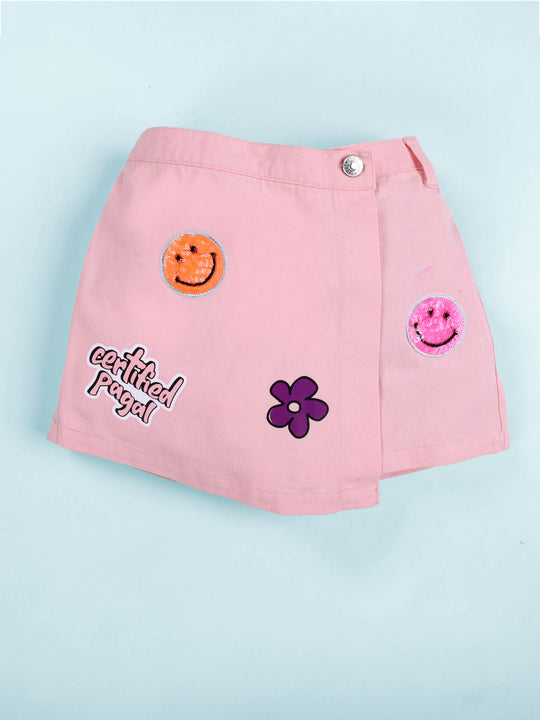 KiddoPanti Girls Cotton Over Lap Skort With Flowers and Pearls With Multi Badge