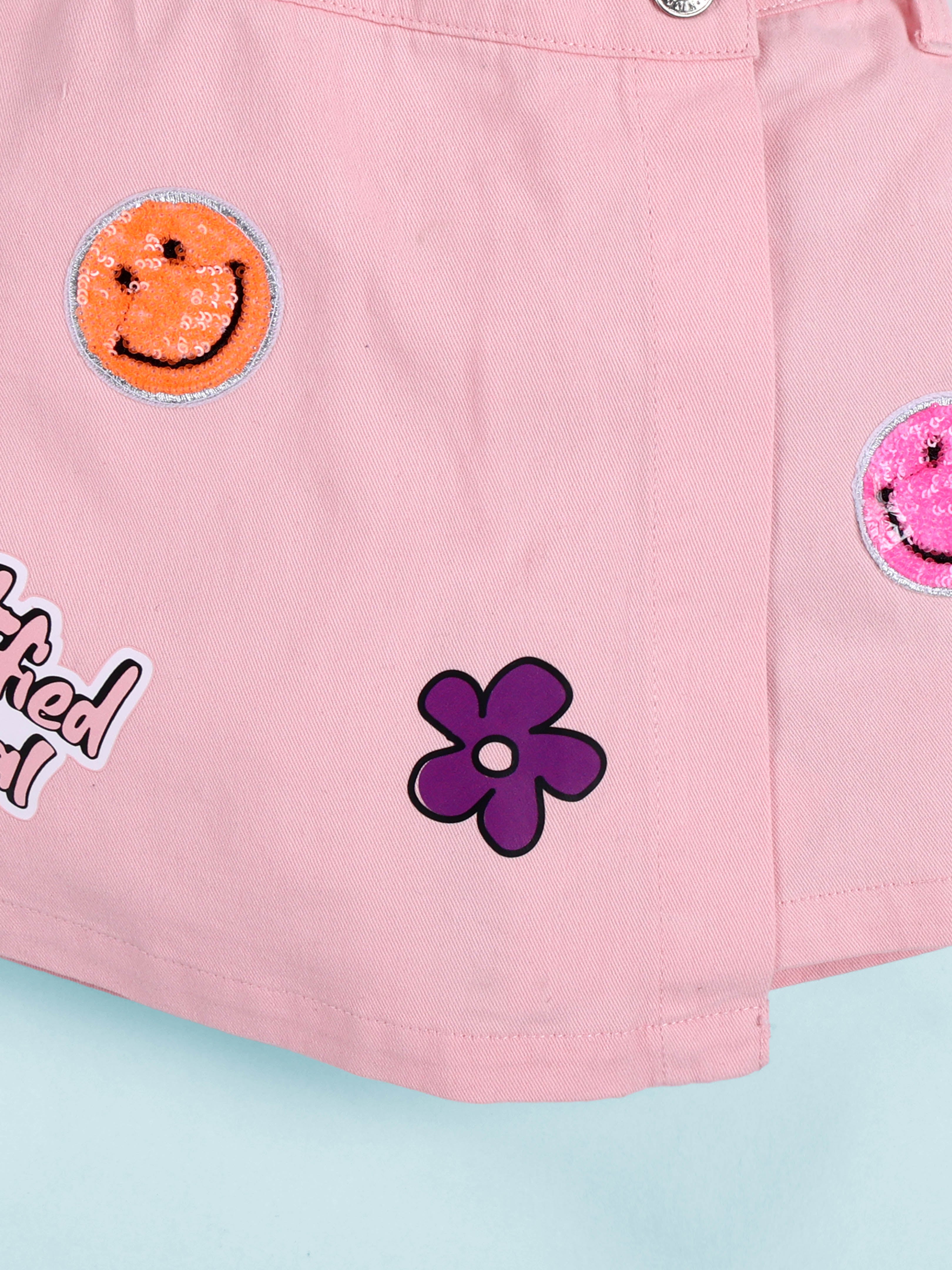 KiddoPanti Girls Cotton Over Lap Skort With Flowers and Pearls With Multi Badge