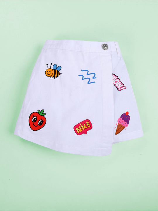 KiddoPanti Girls Cotton Over Lap Skort With Flowers and Pearls With Multi Badge