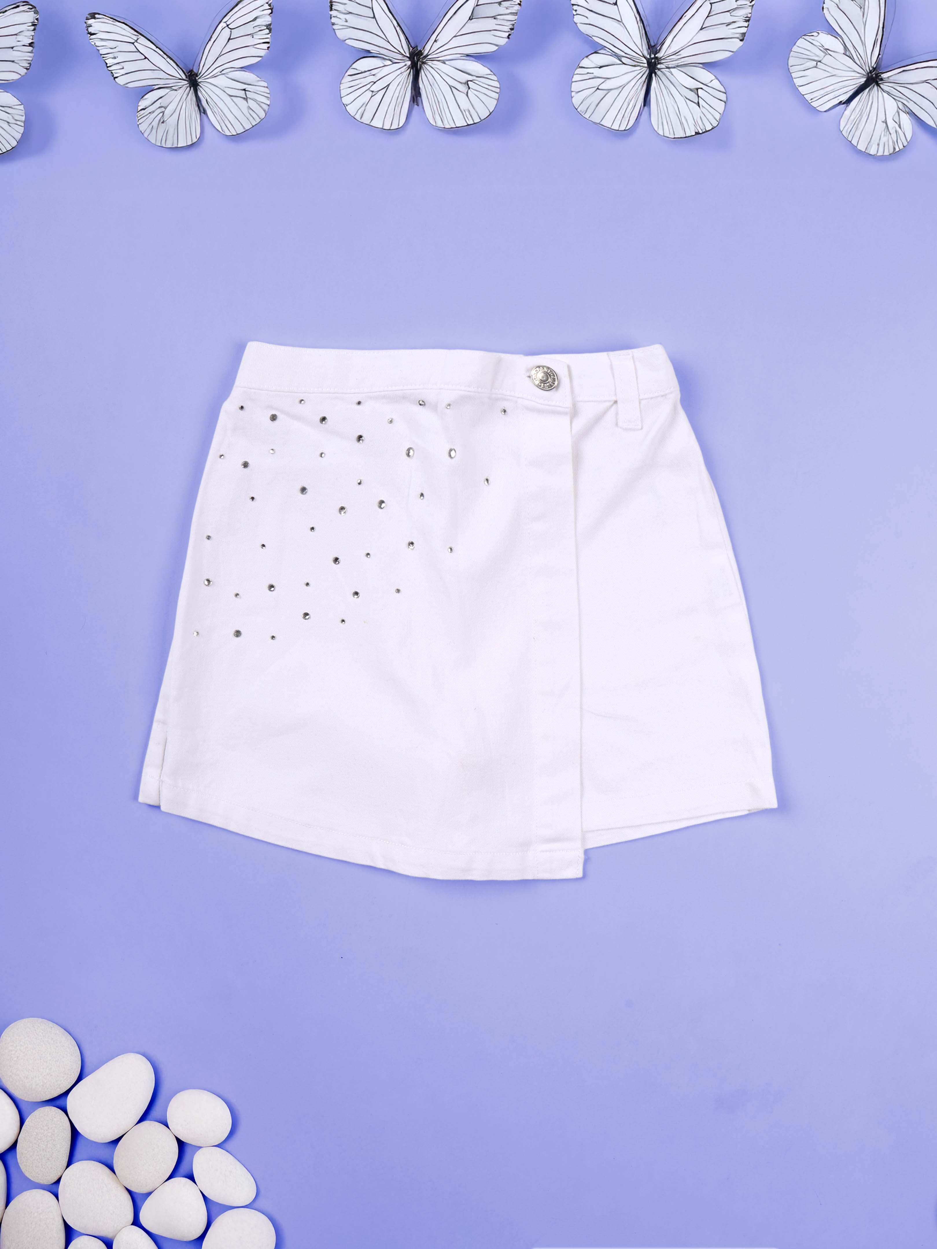 Kiddopanti Girls Cotton Solid Over Lap Skort With Rhinestones