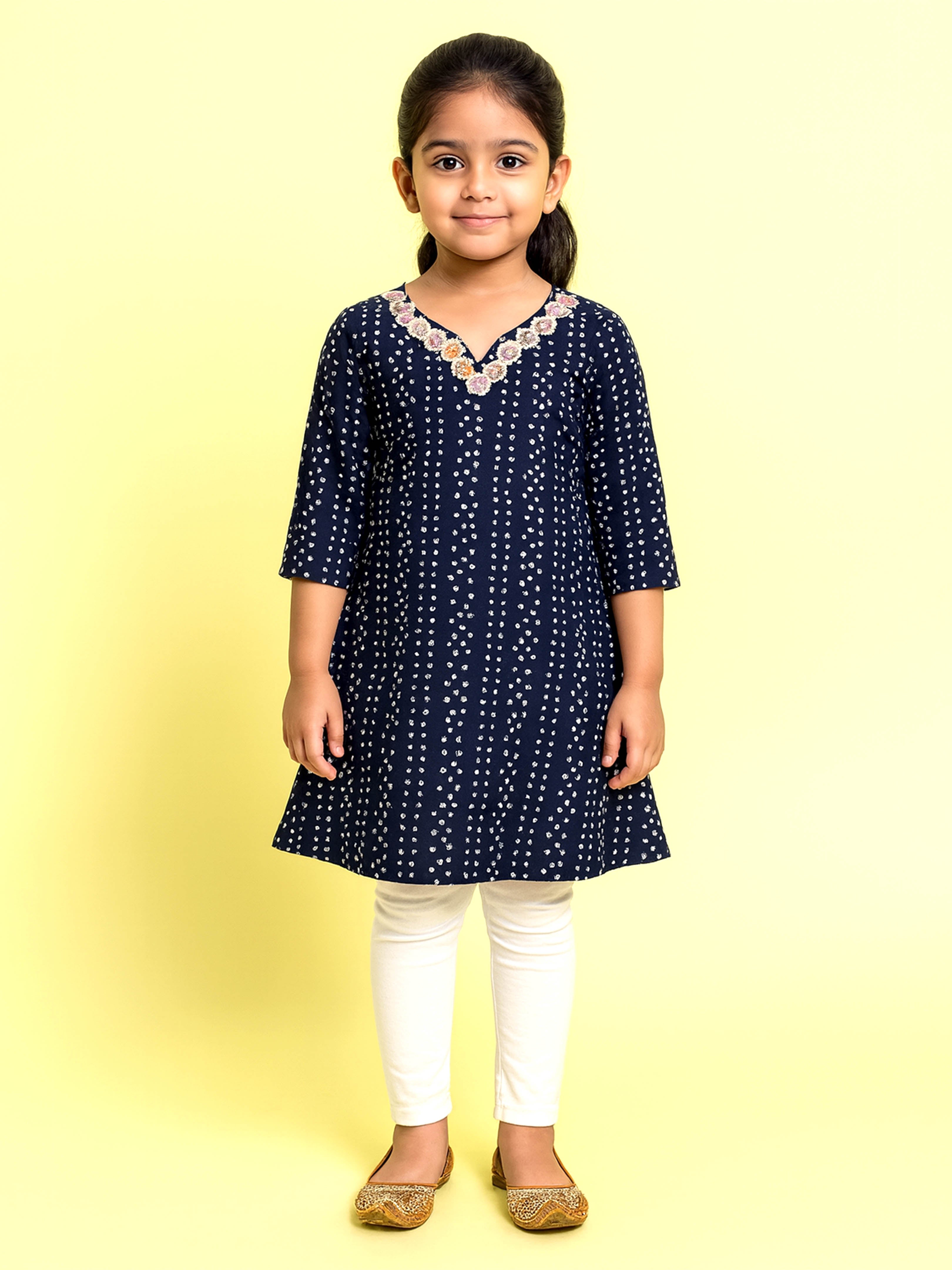 KiddoPanti Girls Bandhani Printed Kurta with Floral Lace Neck & Solid Leggings Co-Ords Set