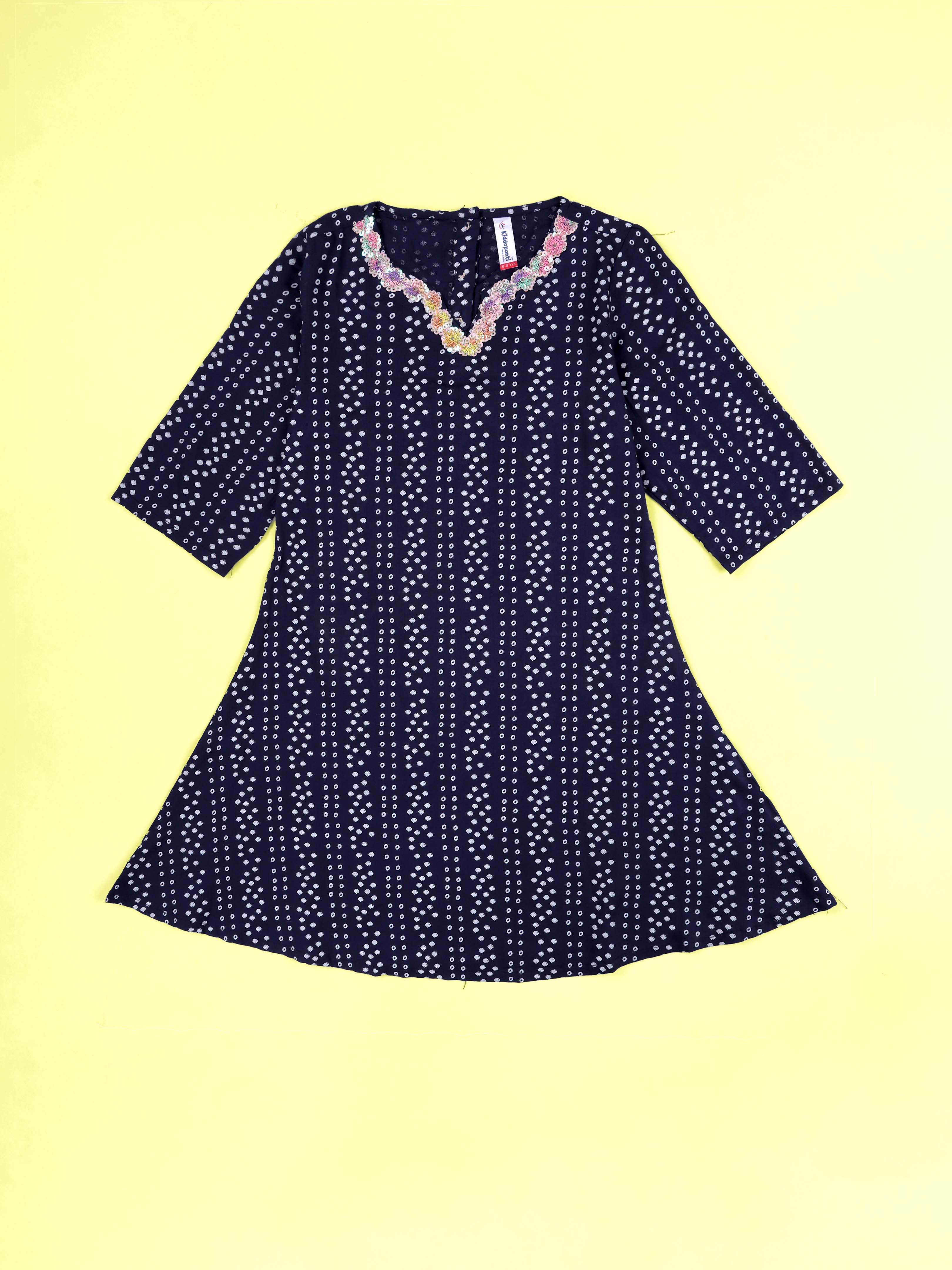 KiddoPanti Girls Bandhani Printed Kurta with Floral Lace Neck & Solid Leggings Co-Ords Set