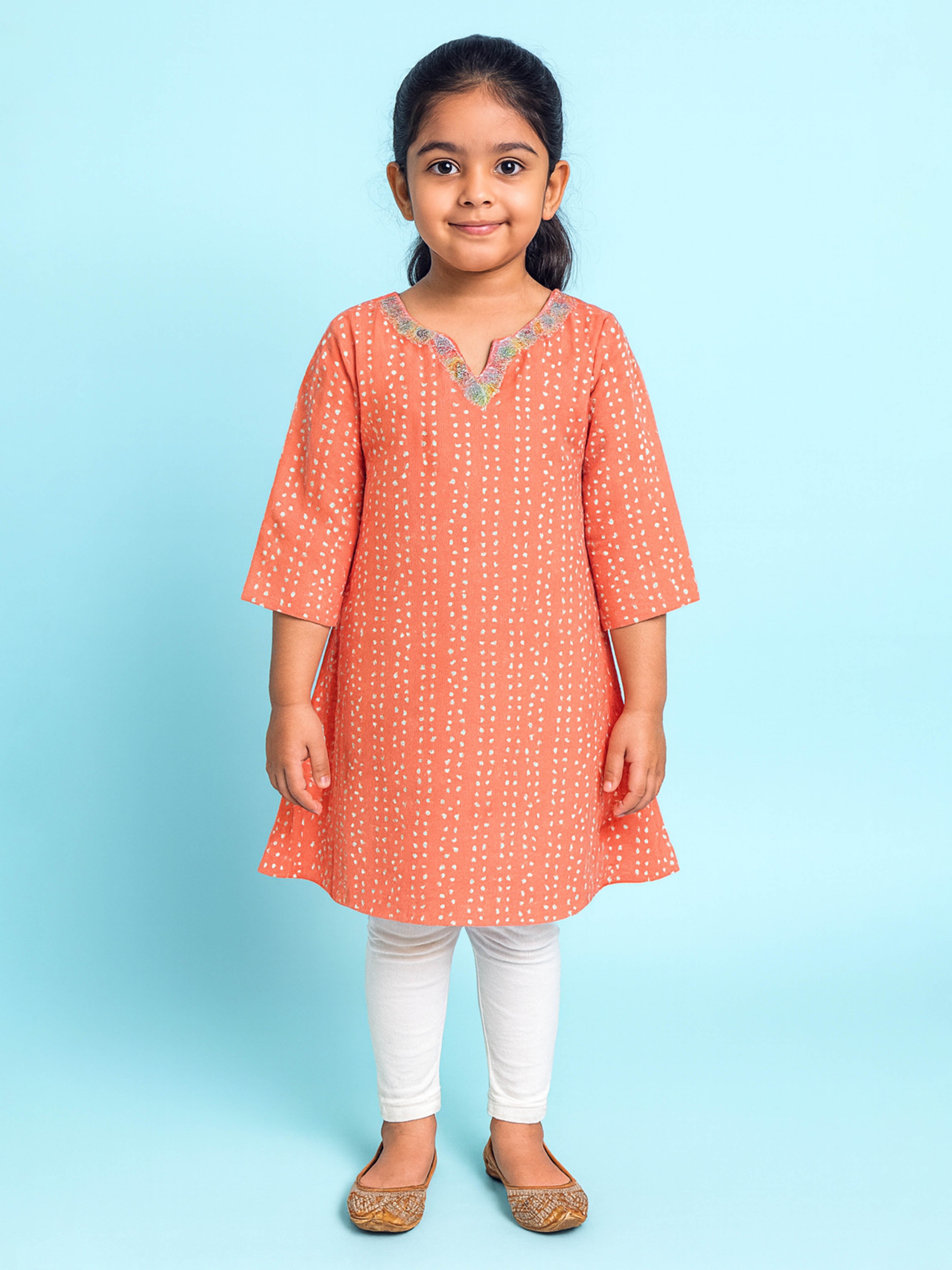 KiddoPanti Girls Bandhani Printed Kurta with Floral Lace Neck & Solid Leggings Co-Ords Set