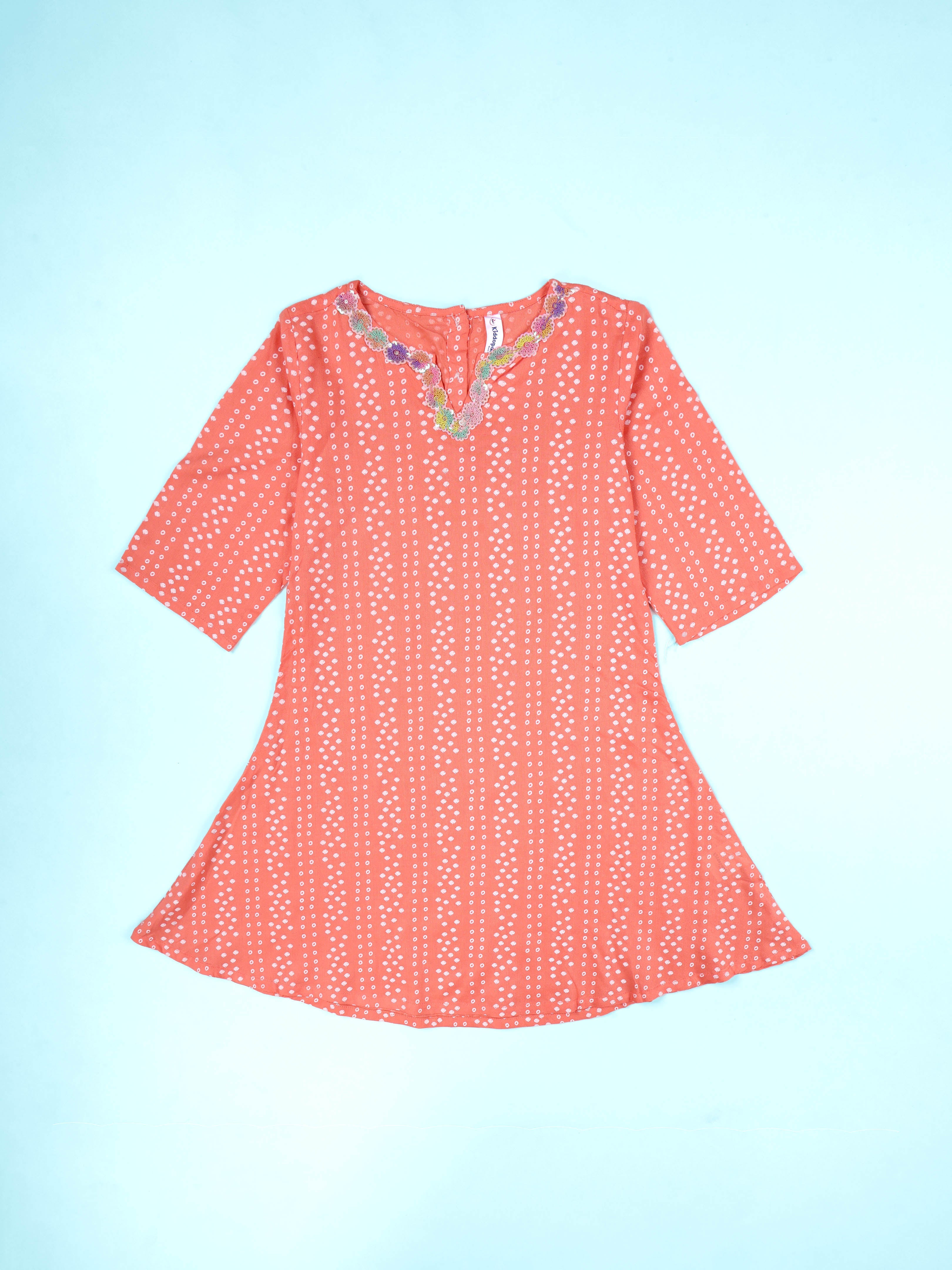 KiddoPanti Girls Bandhani Printed Kurta with Floral Lace Neck & Solid Leggings Co-Ords Set