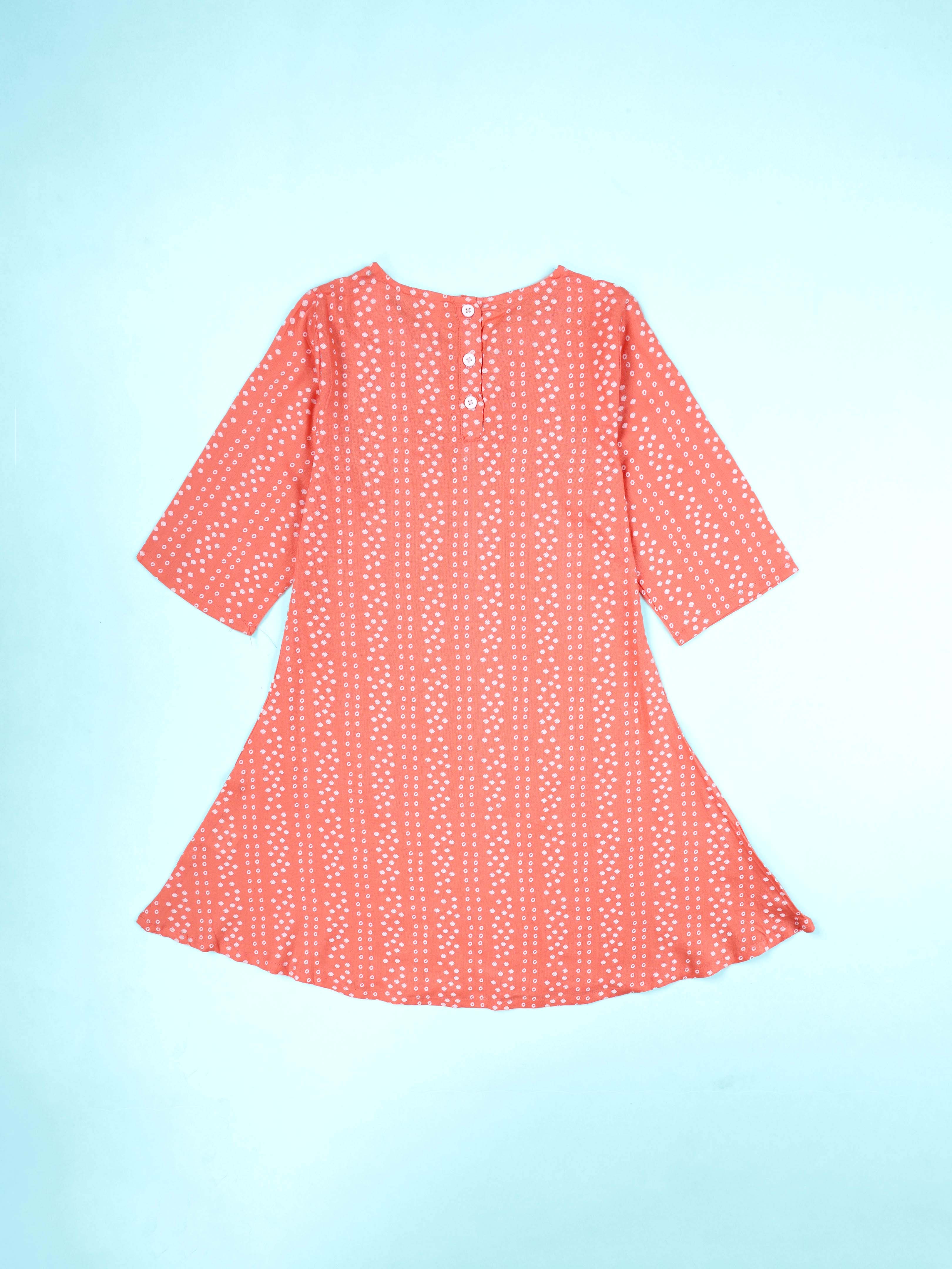 KiddoPanti Girls Bandhani Printed Kurta with Floral Lace Neck & Solid Leggings Co-Ords Set