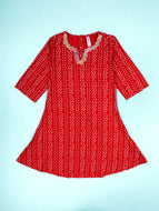 KiddoPanti Girls Bandhani Print Kurti with Floral Lace Neck Traditional Ethnic Wear - Red / 3-4Y