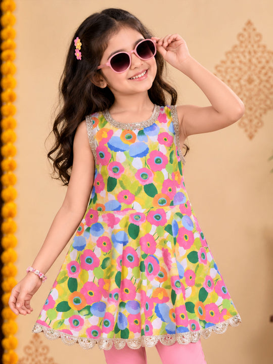 Kiddopanti Girls Cotton Sleeveless Printed  Printed Peplum Kurta Top