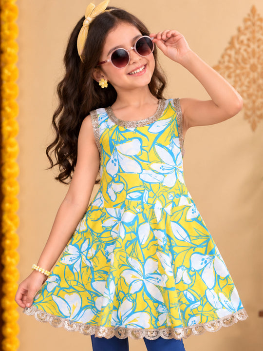 Kiddopanti Girls Cotton Sleeveless Printed  Printed Peplum Kurta Top