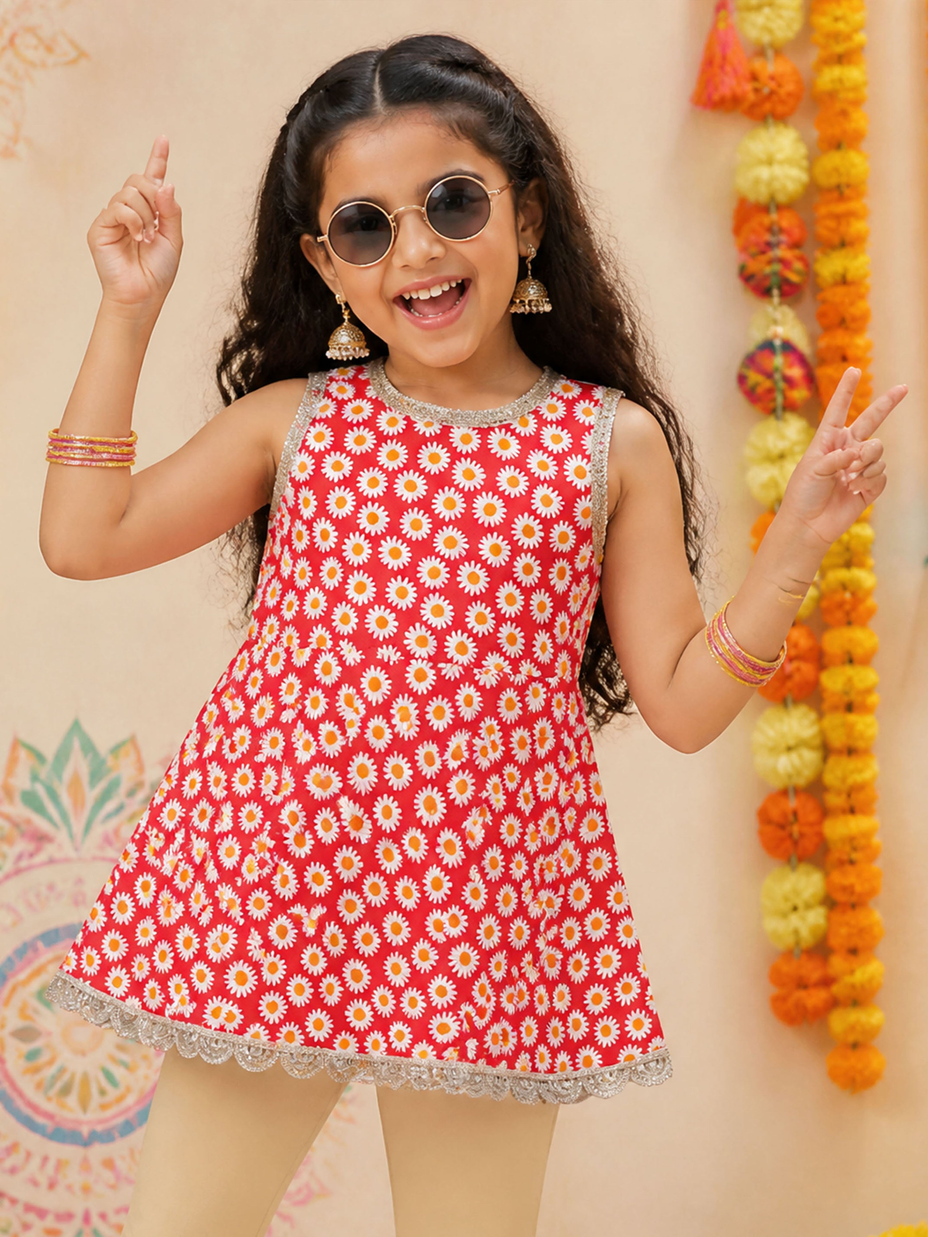 Kiddopanti Girls Cotton Sleeveless Printed  Printed Peplum Kurta Top
