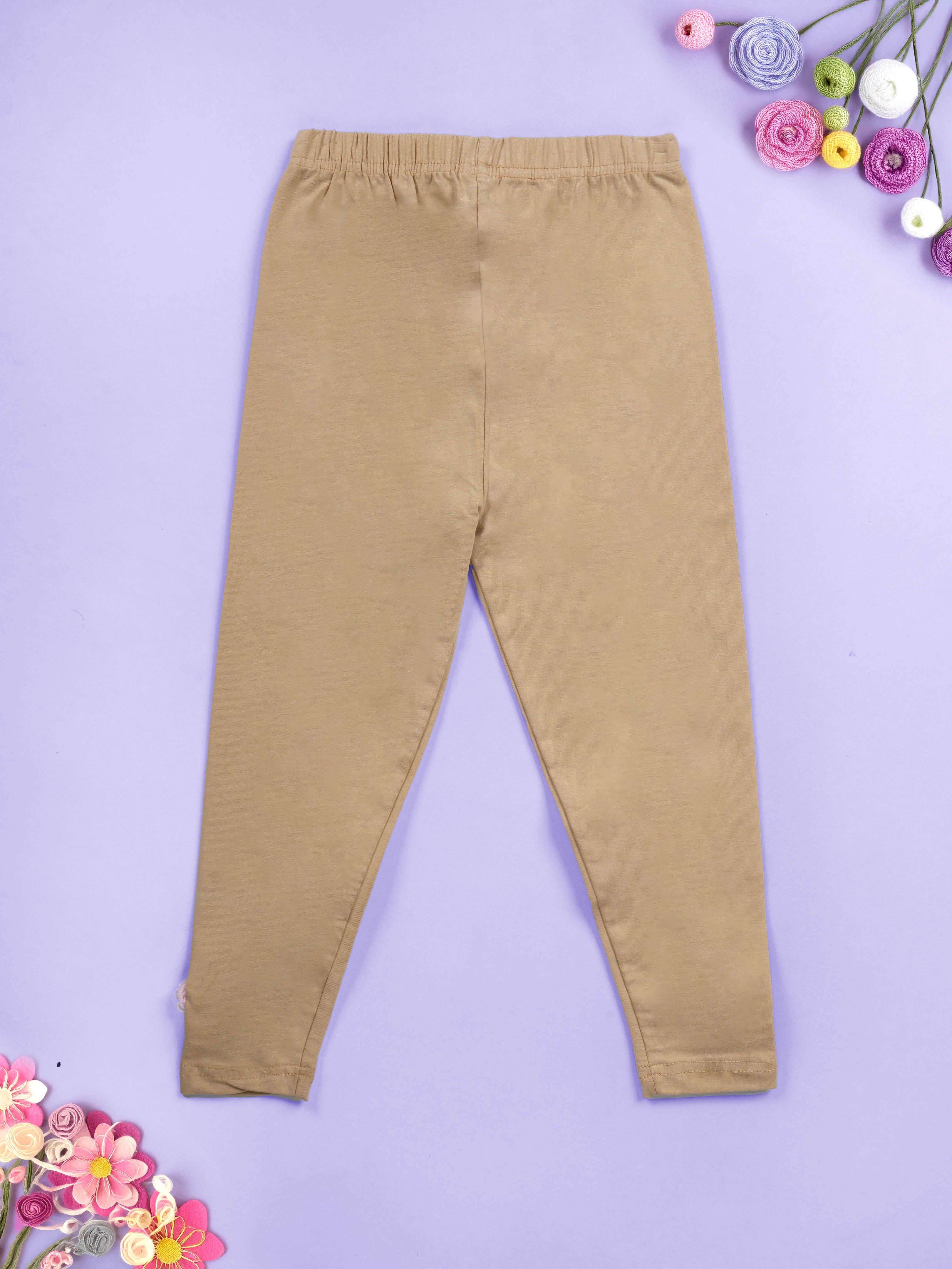 Kiddopanti Girls Cotton Spandex Multiple Crochet Flowers and Badge Solid Leggings