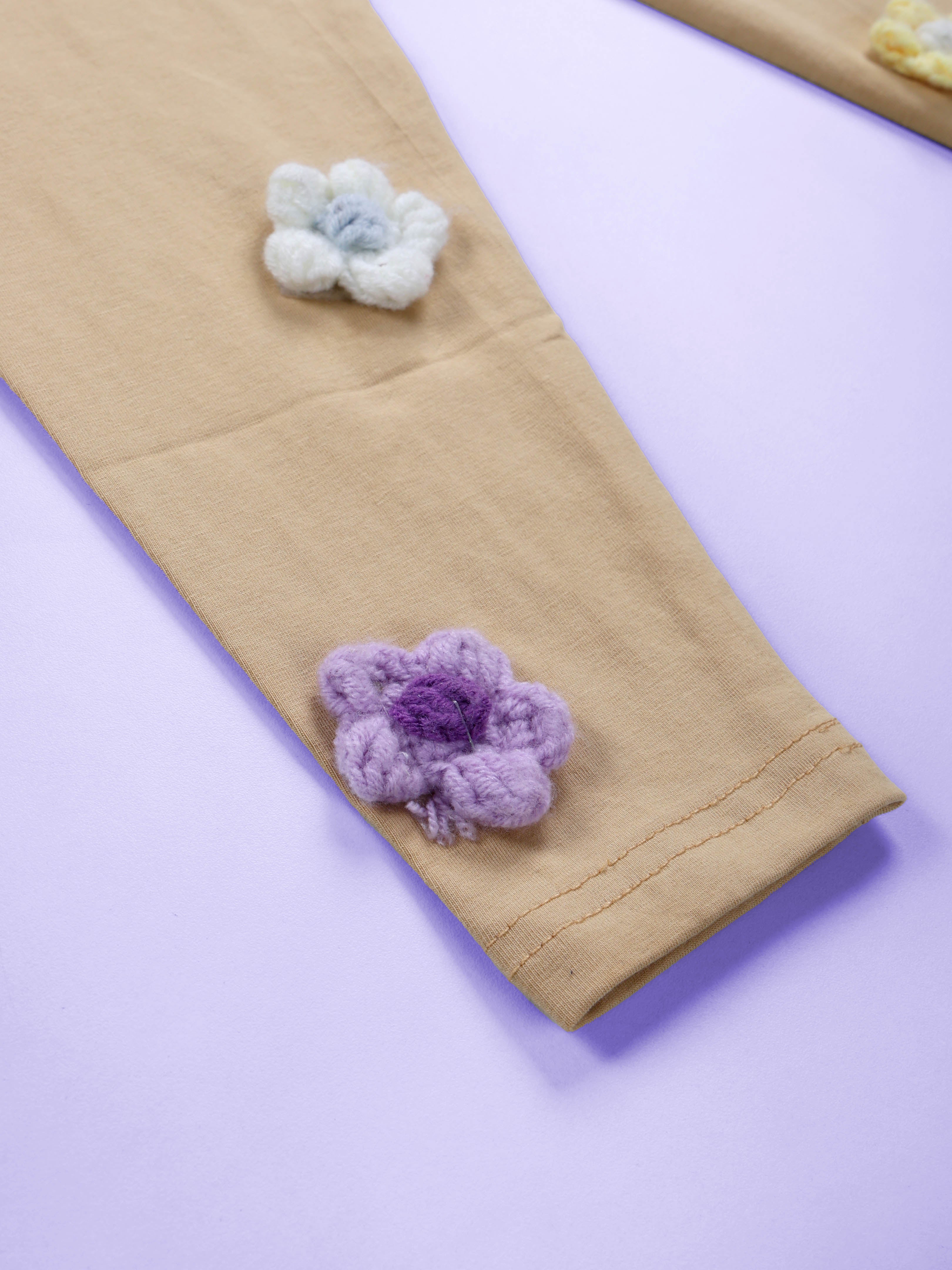 Kiddopanti Girls Cotton Spandex Multiple Crochet Flowers and Badge Solid Leggings