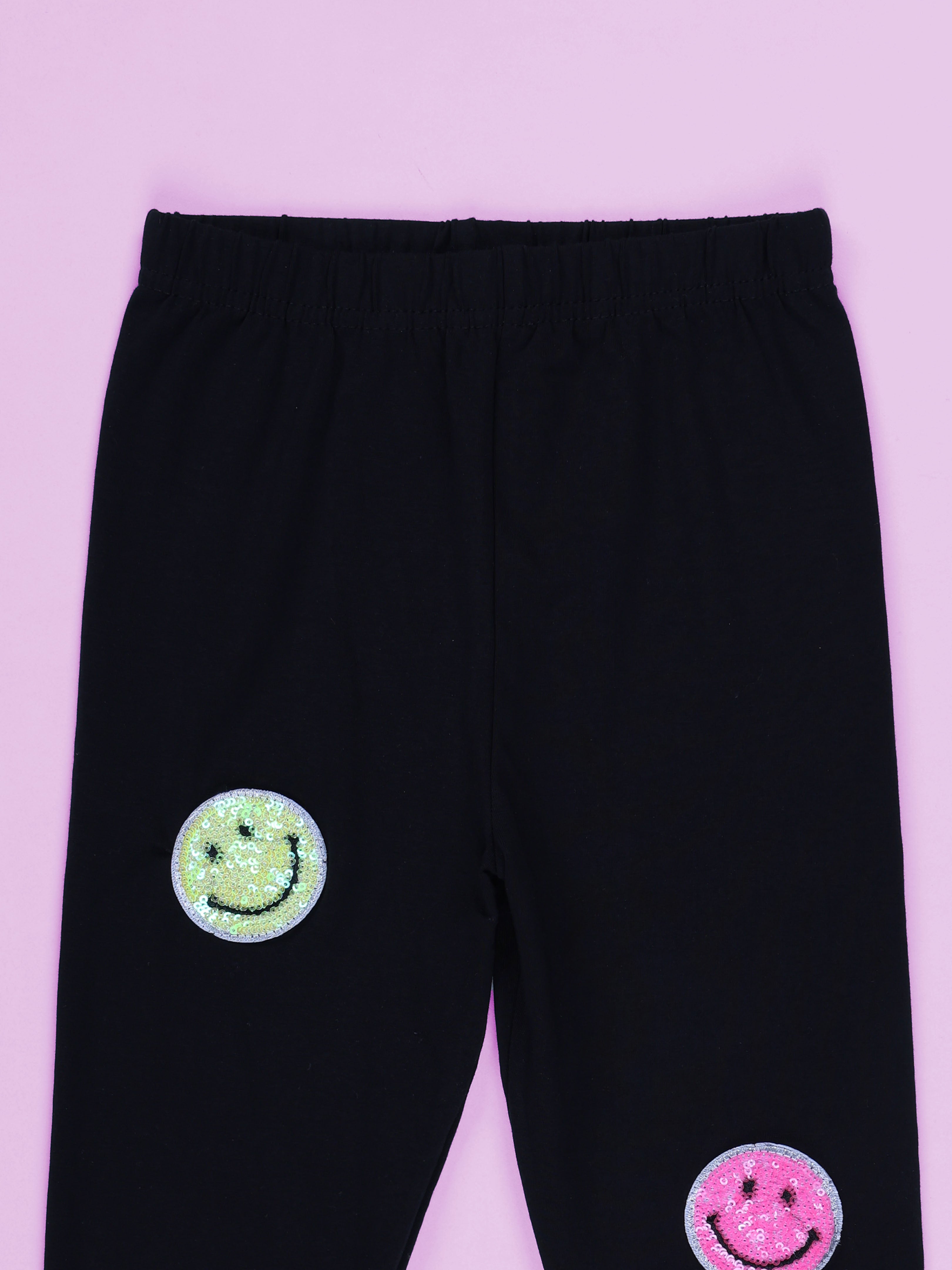 Kiddopanti Girls Cotton Spandex Multiple Crochet Flowers and Badge Solid Leggings