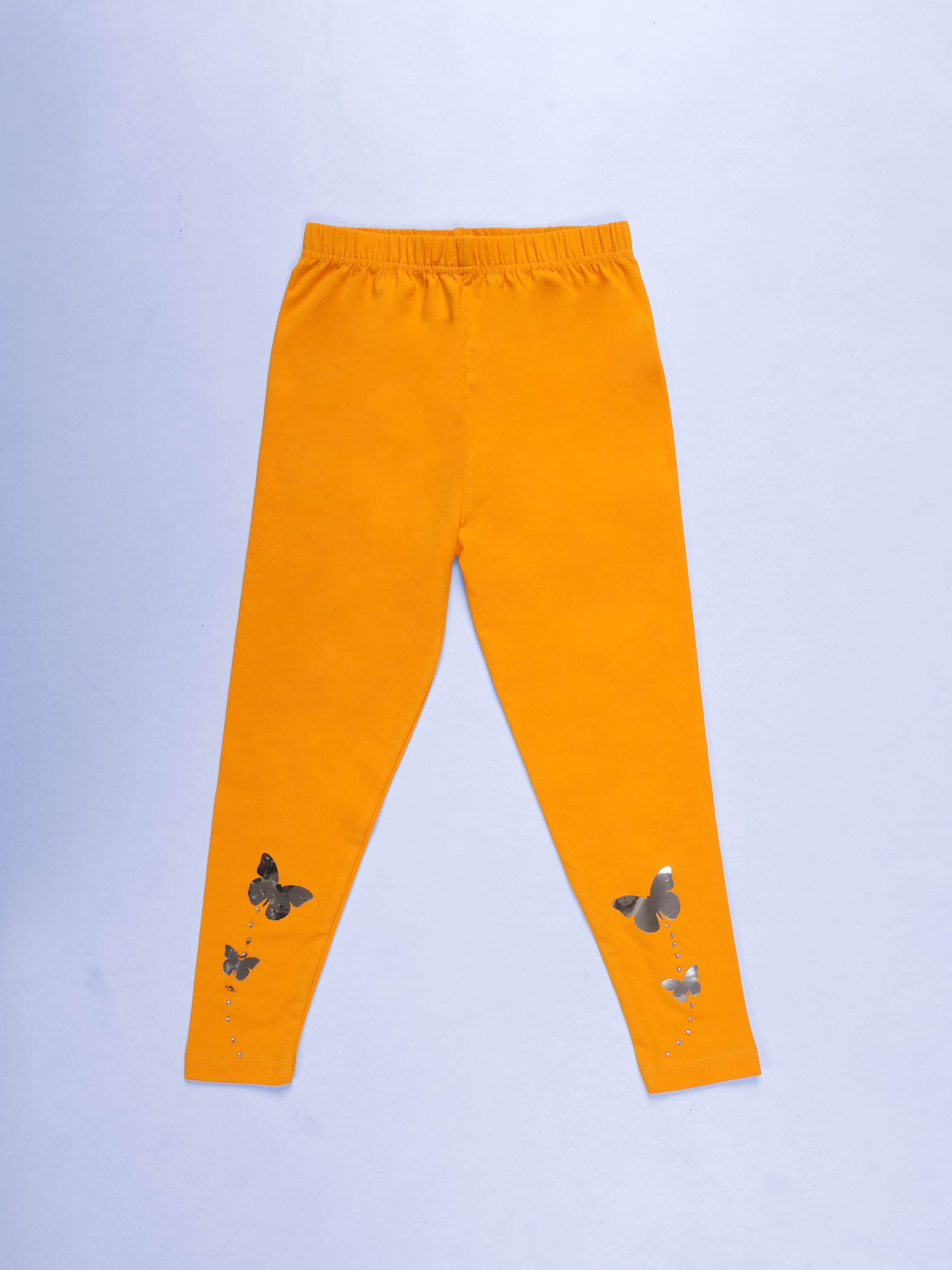 Kiddopanti Girls Cotton Ankle Length Leggings with Appliques