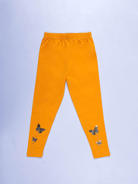 Kiddopanti Girls Cotton Ankle Length Leggings with Appliques