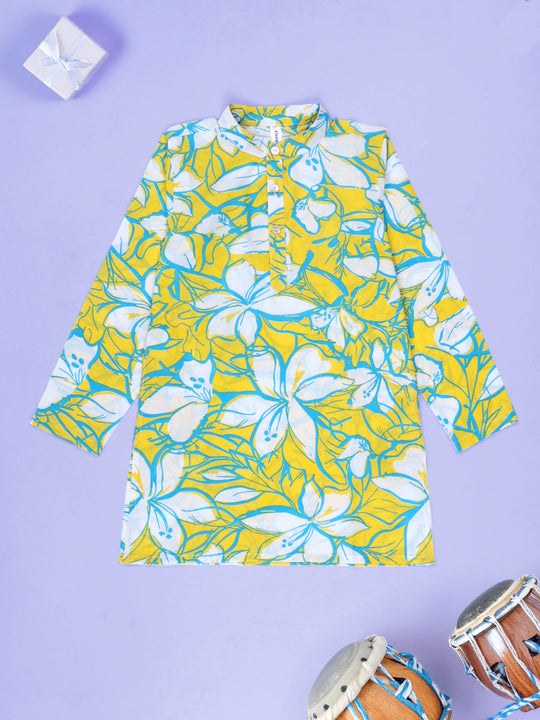 Kiddopanti Boys Cotton Floral Printed Full Sleeves Knee Length Kurta