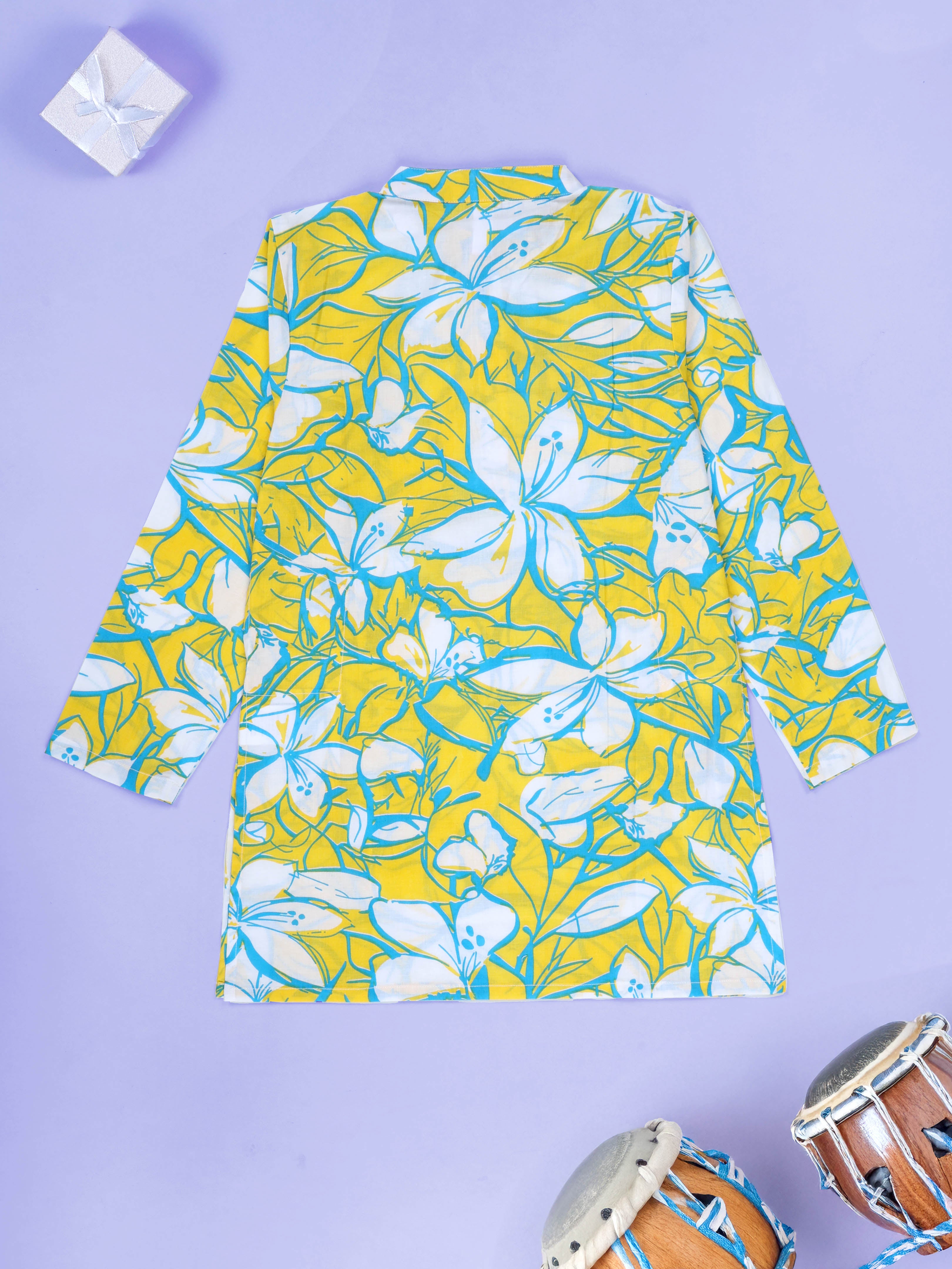 Kiddopanti Boys Cotton Floral Printed Full Sleeves Knee Length Kurta