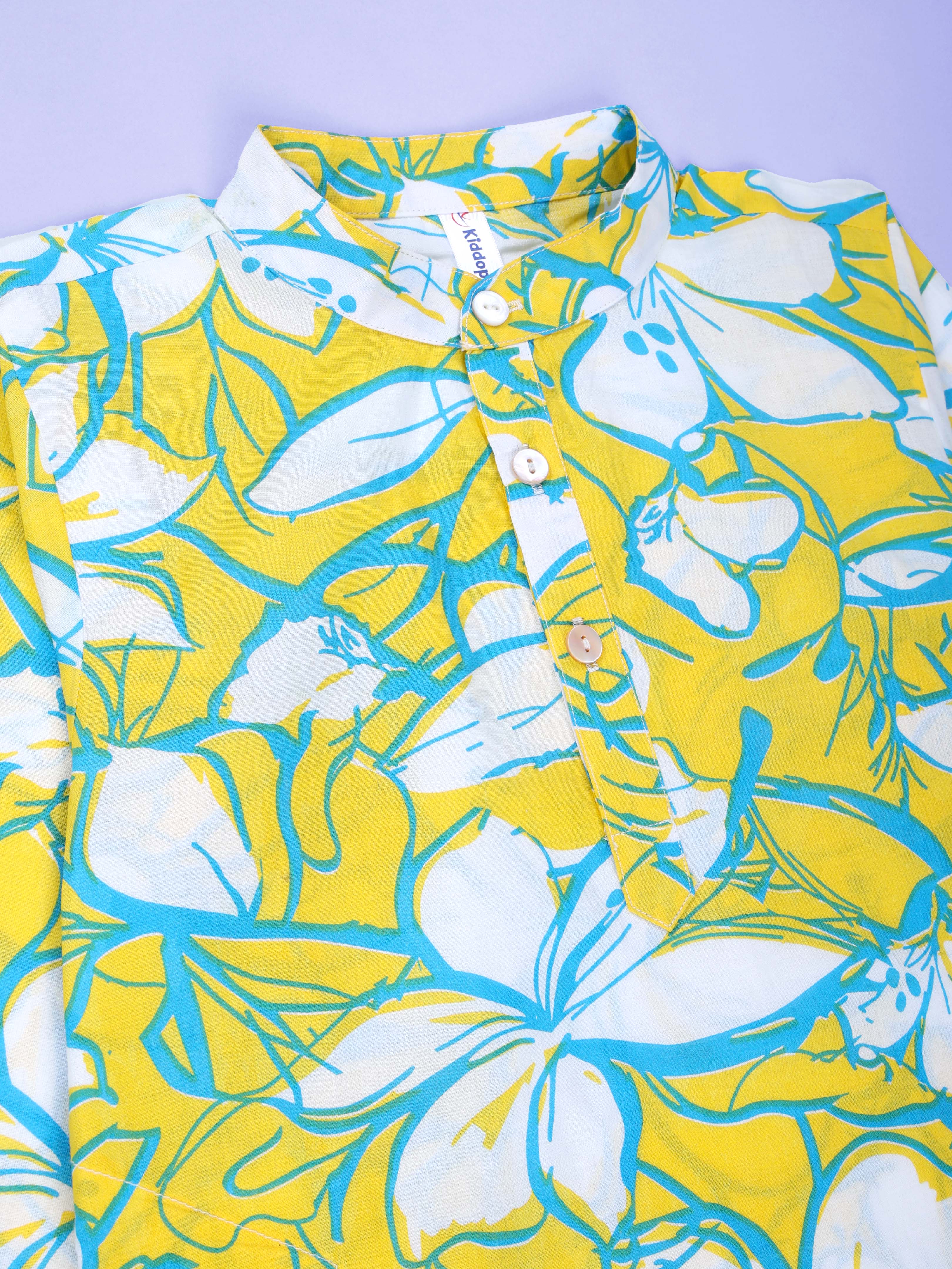 Kiddopanti Boys Cotton Floral Printed Full Sleeves Knee Length Kurta