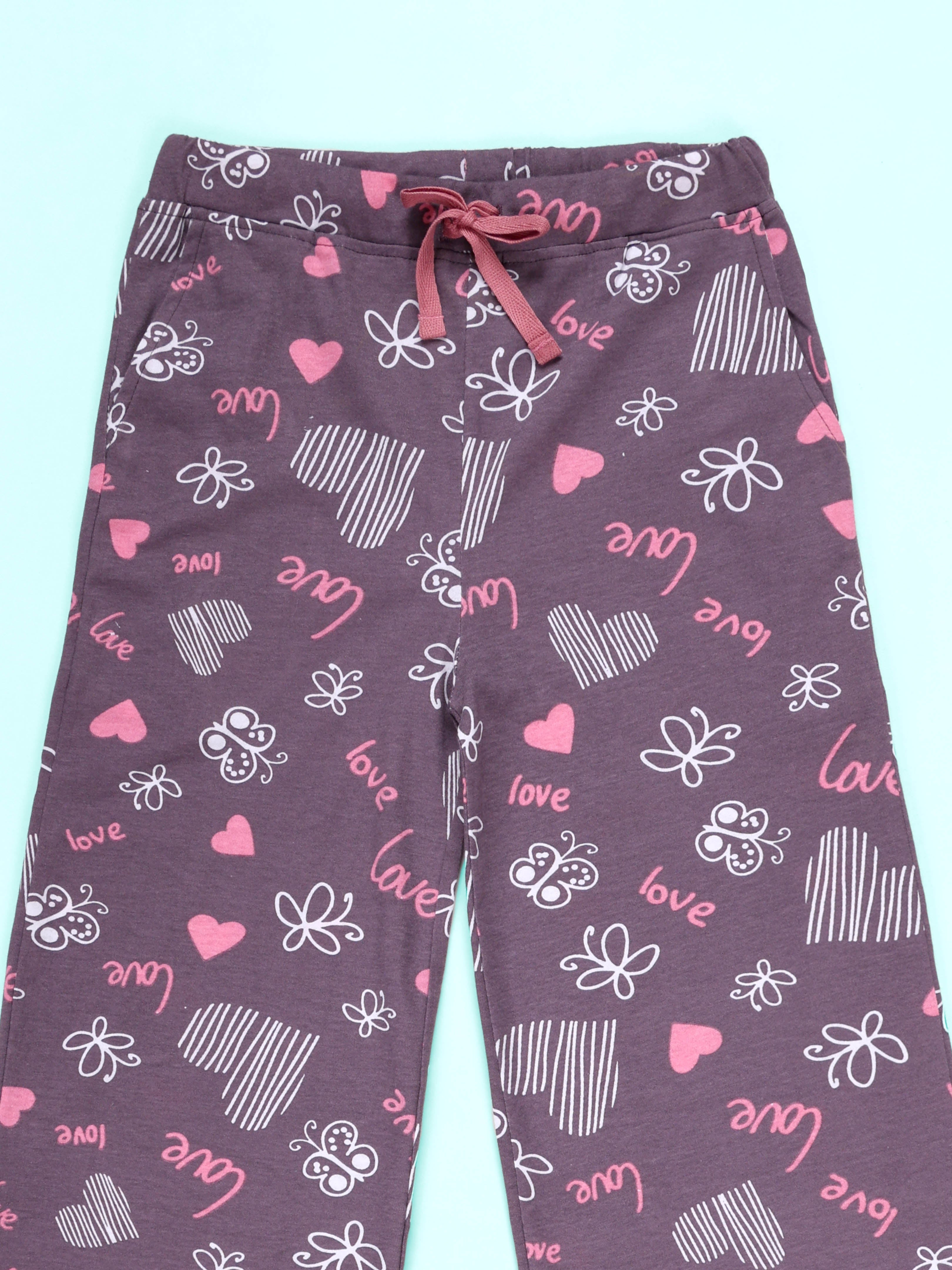 Kiddopanti Girls Cotton Love & Butterfly Heart Printed Pyjama