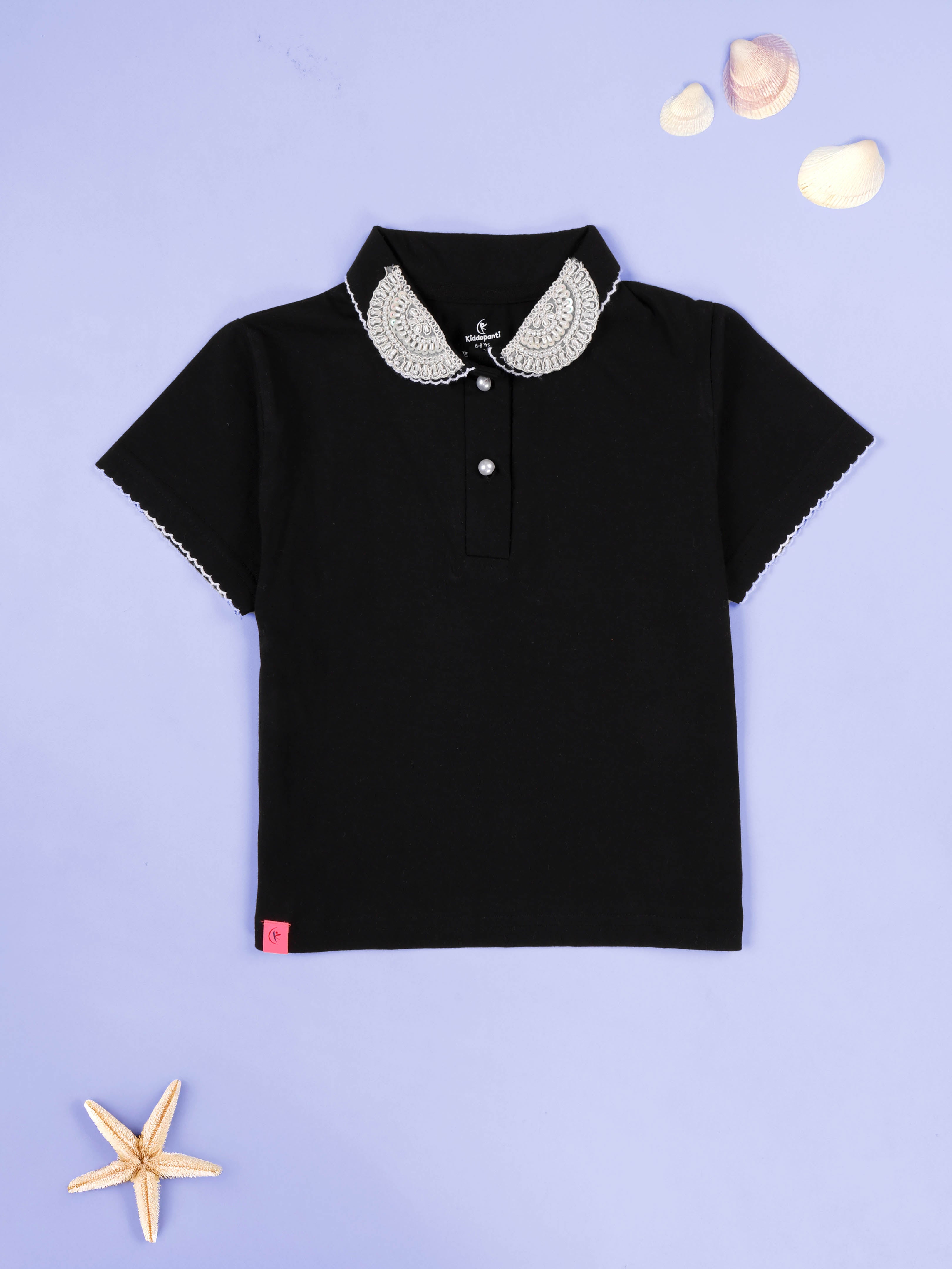 KiddoPanti Girls 100% Cotton Solid Crop Polo Tee With  Picot Trim Collar