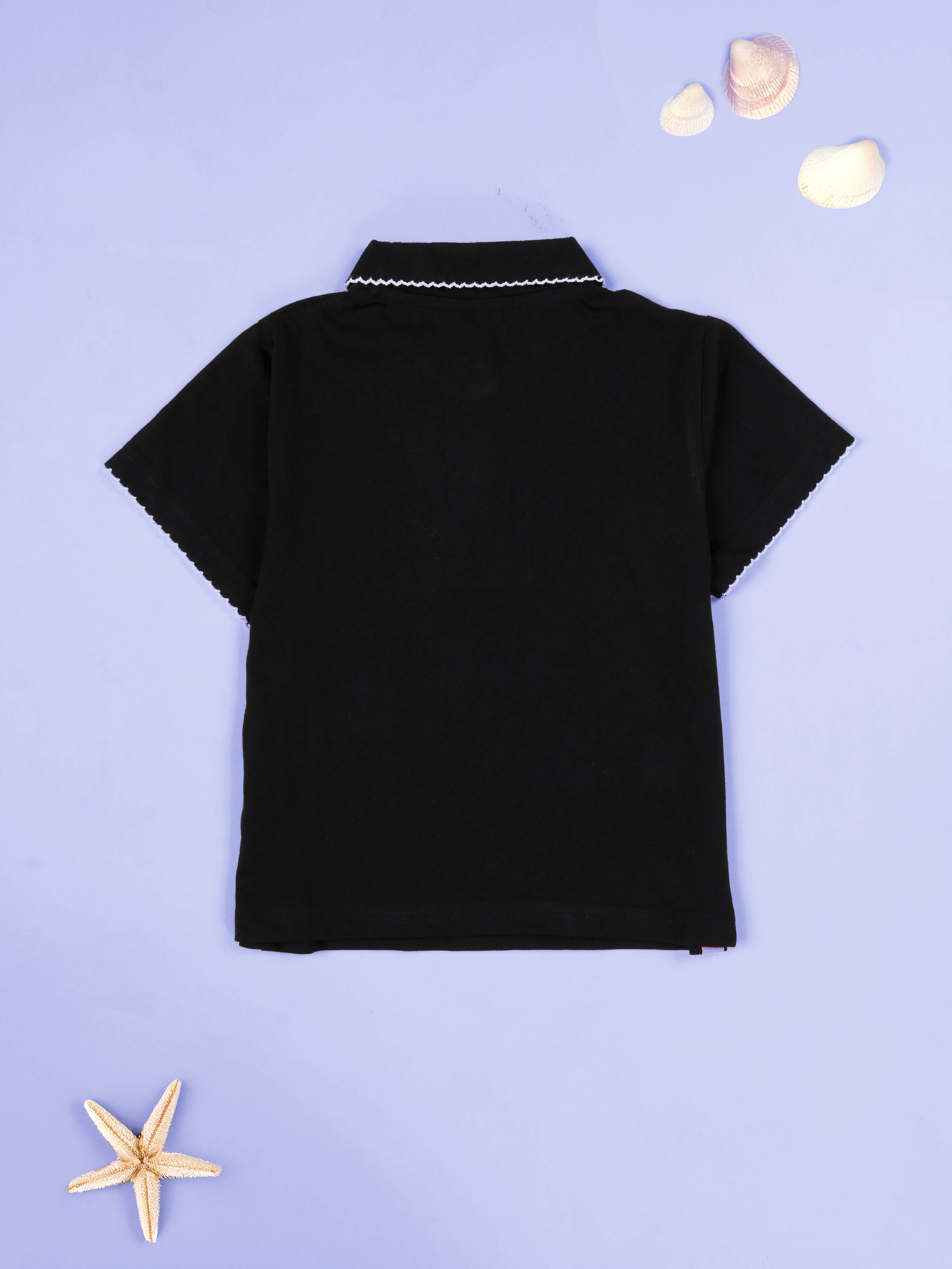 KiddoPanti Girls 100% Cotton Solid Crop Polo Tee With  Picot Trim Collar
