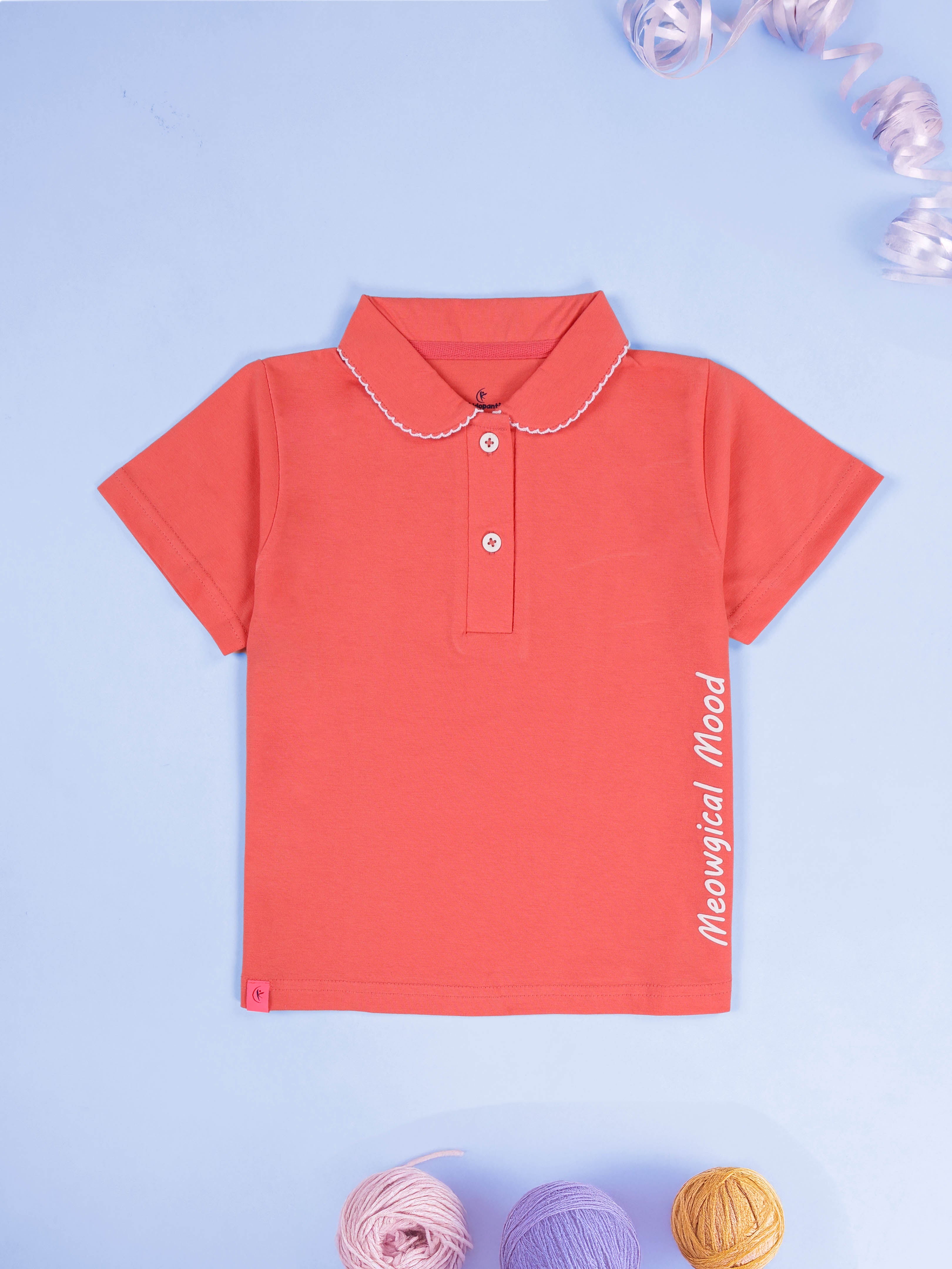 KiddoPanti Girls 100% Cotton Smiling Kitty & Heart Graphic Printed Crop Polo Tee With  Picot Trim Collar