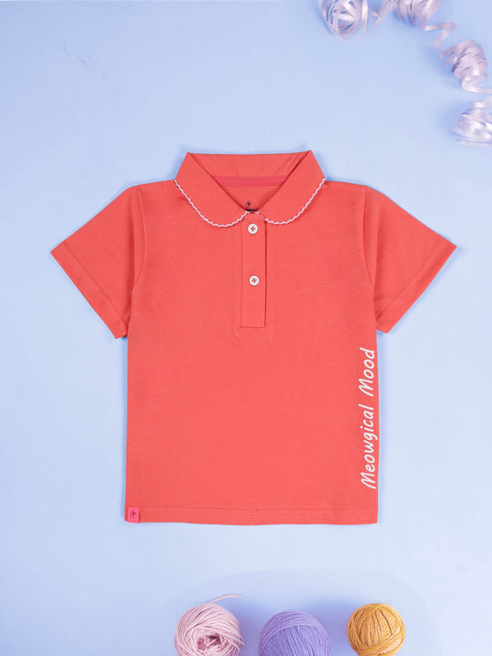 KiddoPanti Girls 100% Cotton Smiling Kitty & Heart Graphic Printed Crop Polo Tee With  Picot Trim Collar