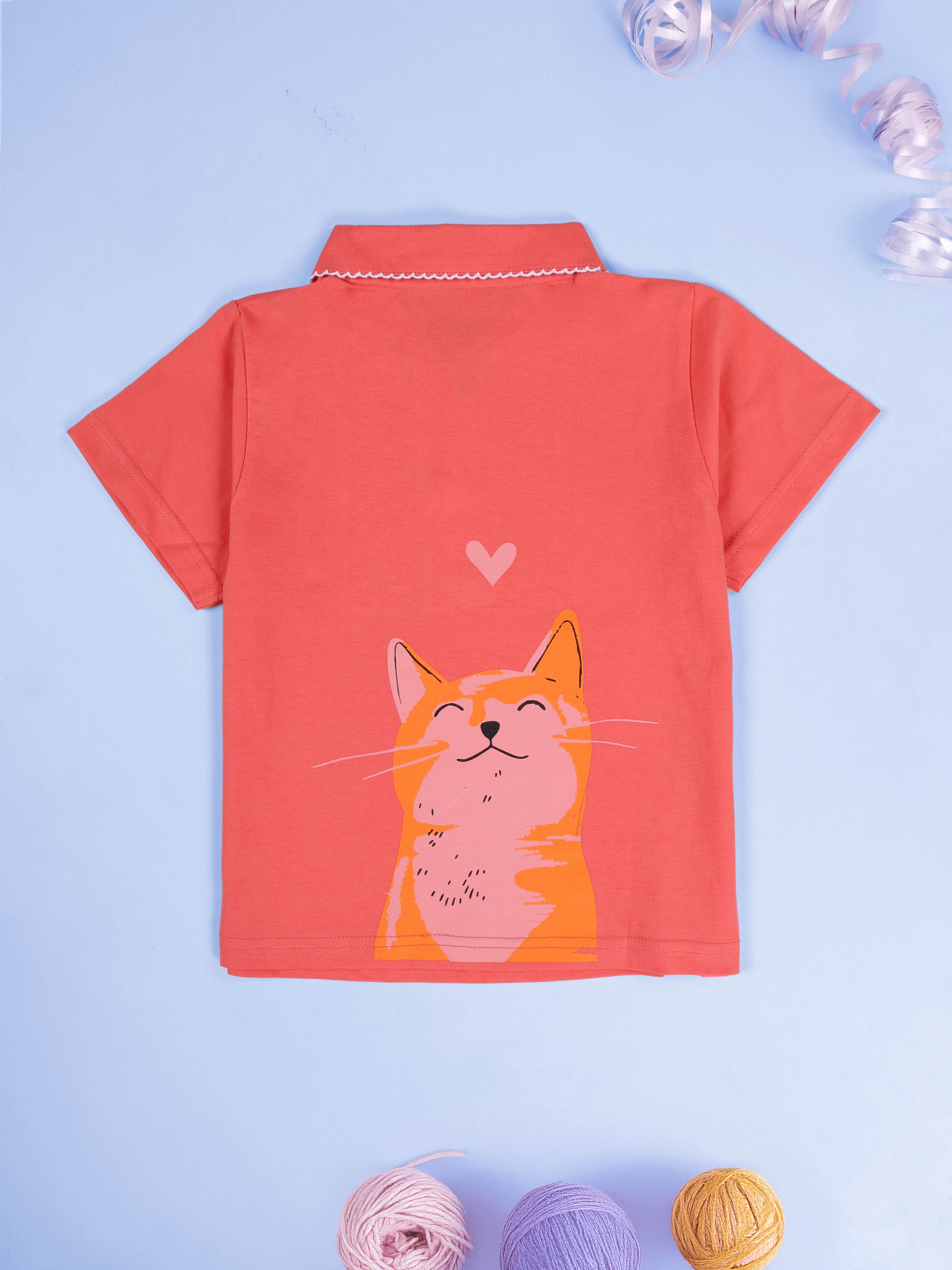 KiddoPanti Girls 100% Cotton Smiling Kitty & Heart Graphic Printed Crop Polo Tee With  Picot Trim Collar