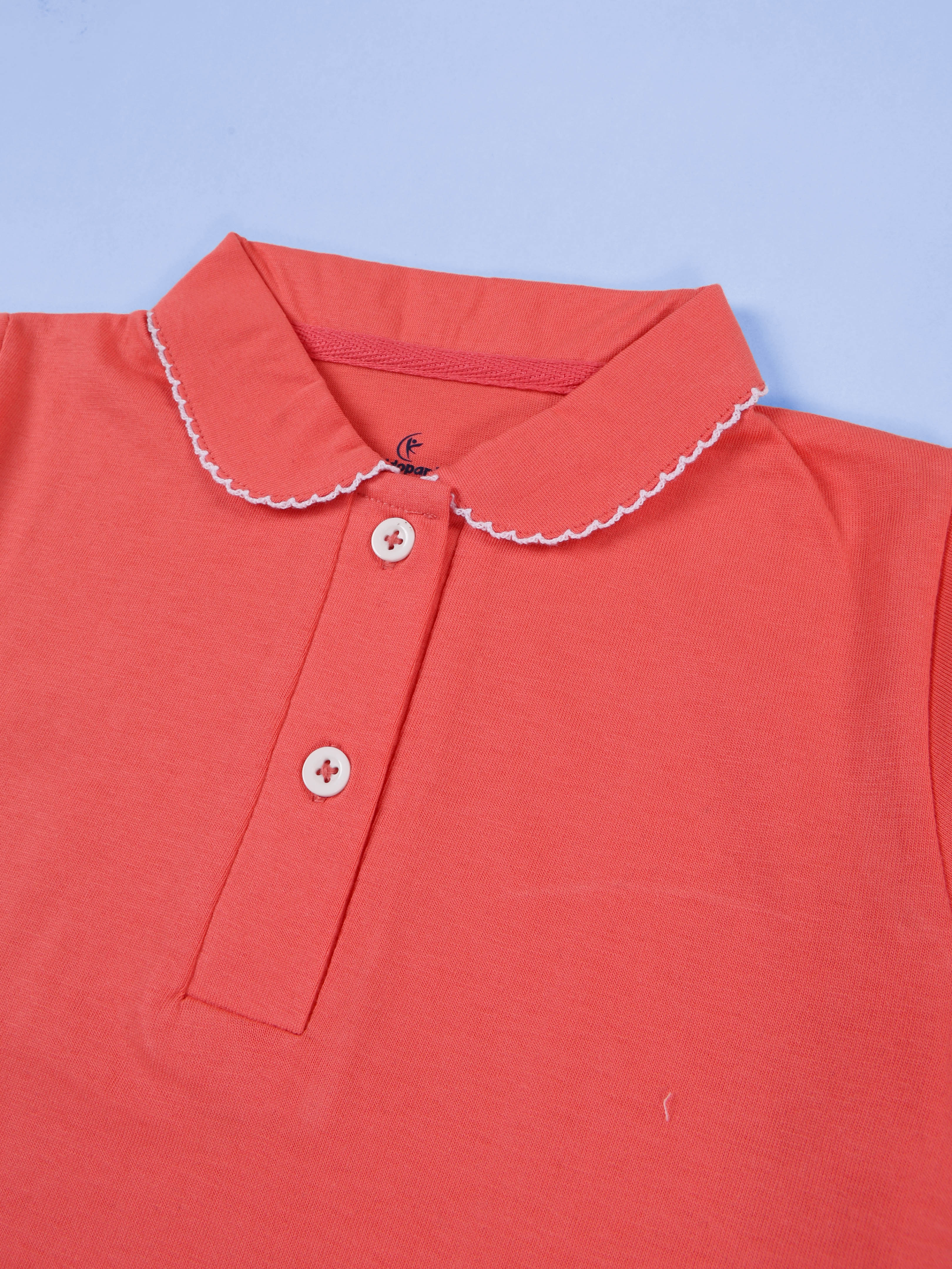 KiddoPanti Girls 100% Cotton Smiling Kitty & Heart Graphic Printed Crop Polo Tee With  Picot Trim Collar