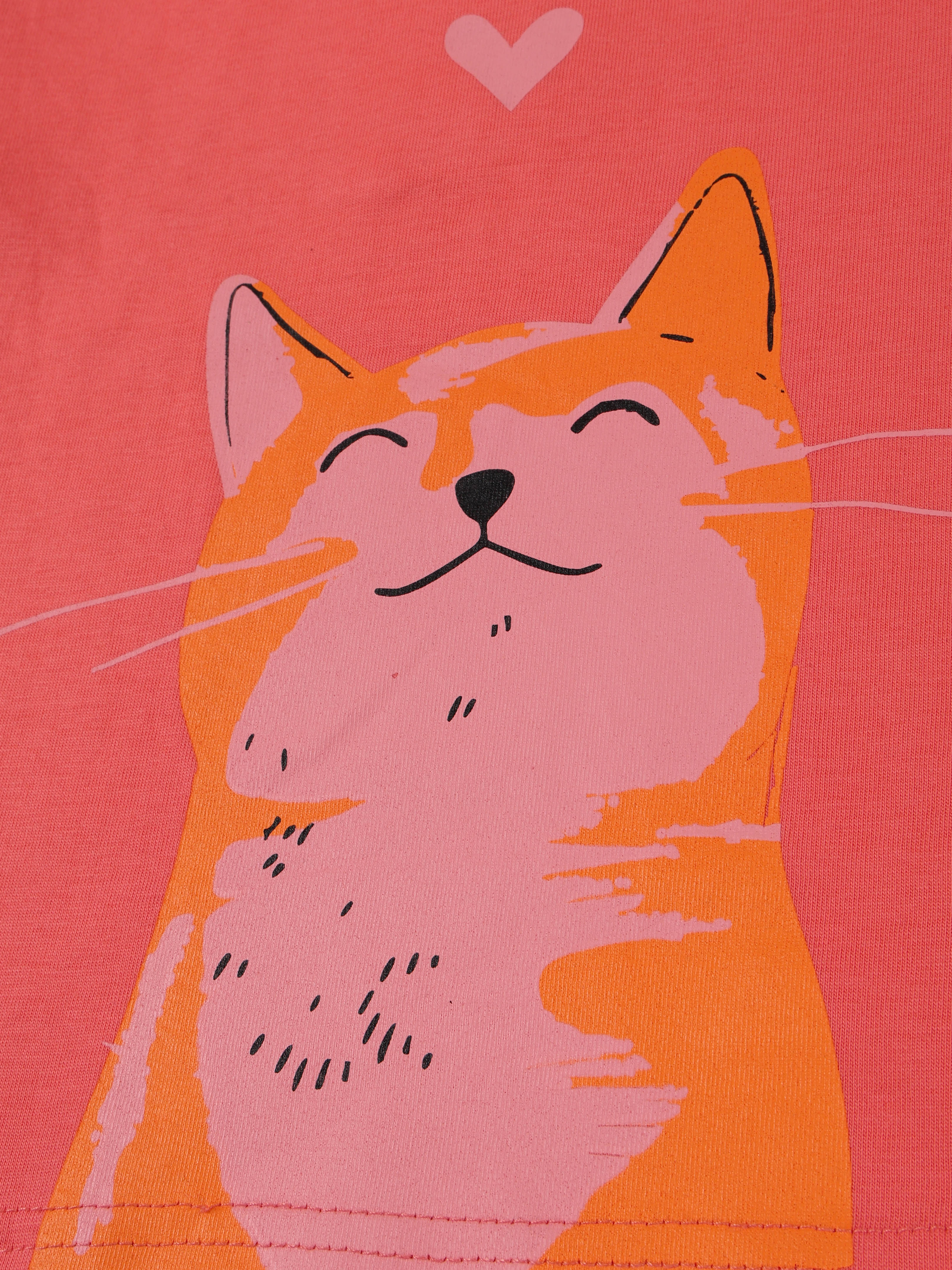 KiddoPanti Girls 100% Cotton Smiling Kitty & Heart Graphic Printed Crop Polo Tee With  Picot Trim Collar