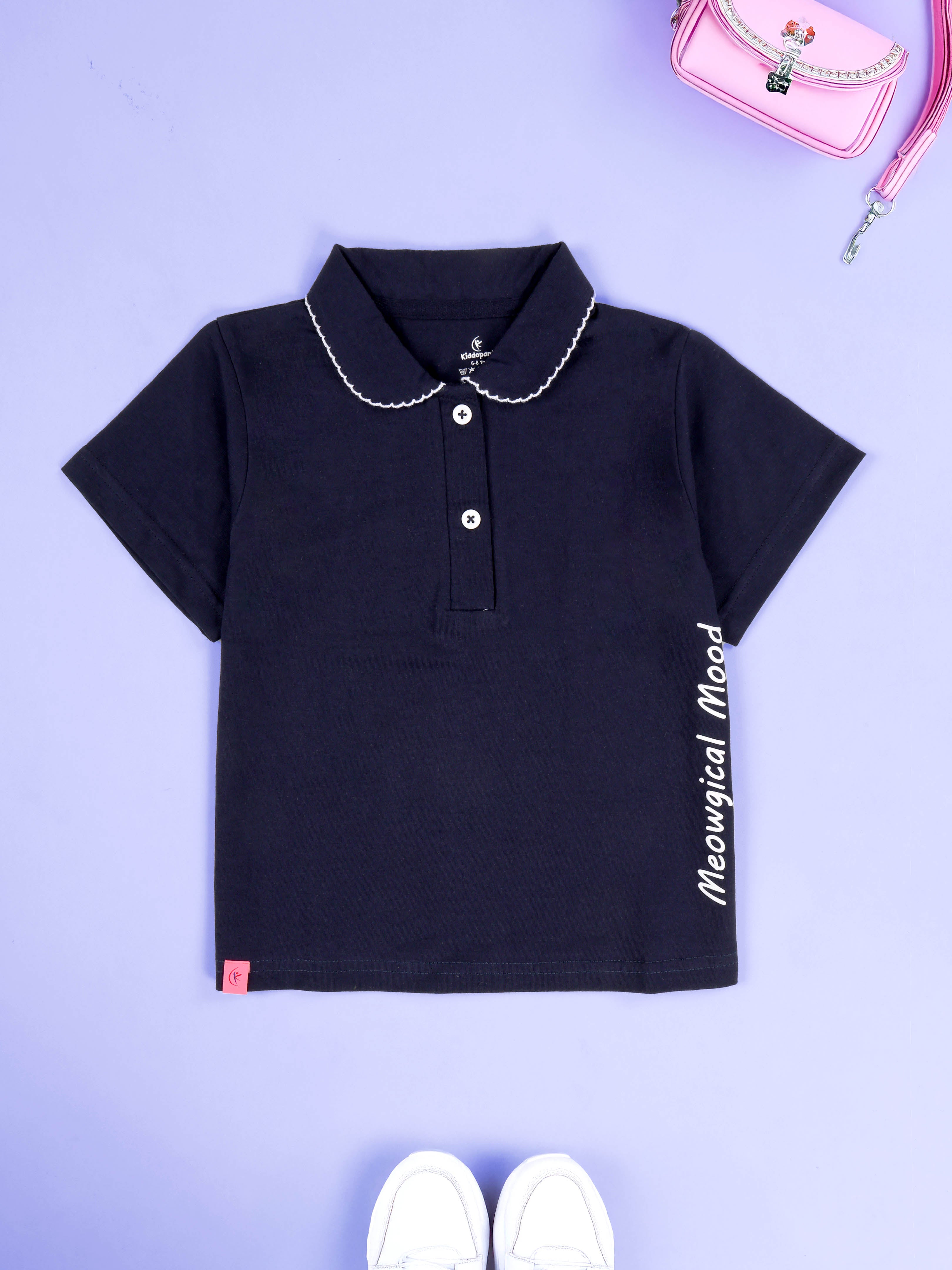 KiddoPanti Girls 100% Cotton Smiling Kitty & Heart Graphic Printed Crop Polo Tee With  Picot Trim Collar