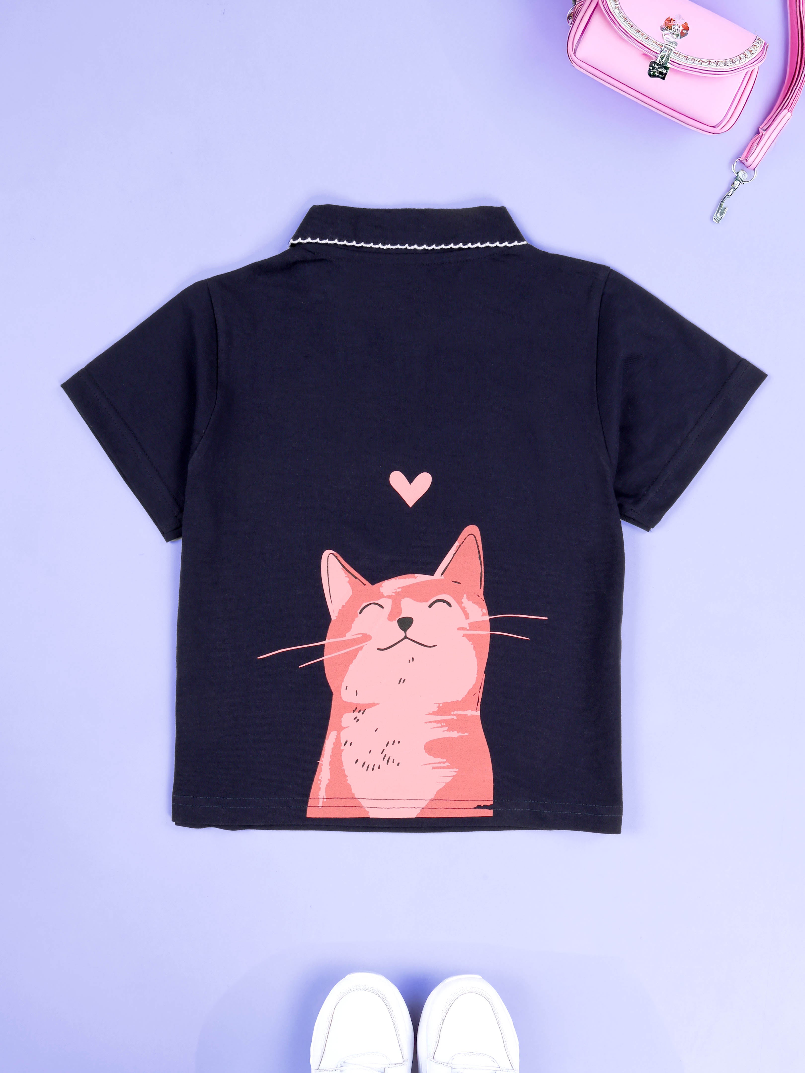 KiddoPanti Girls 100% Cotton Smiling Kitty & Heart Graphic Printed Crop Polo Tee With  Picot Trim Collar