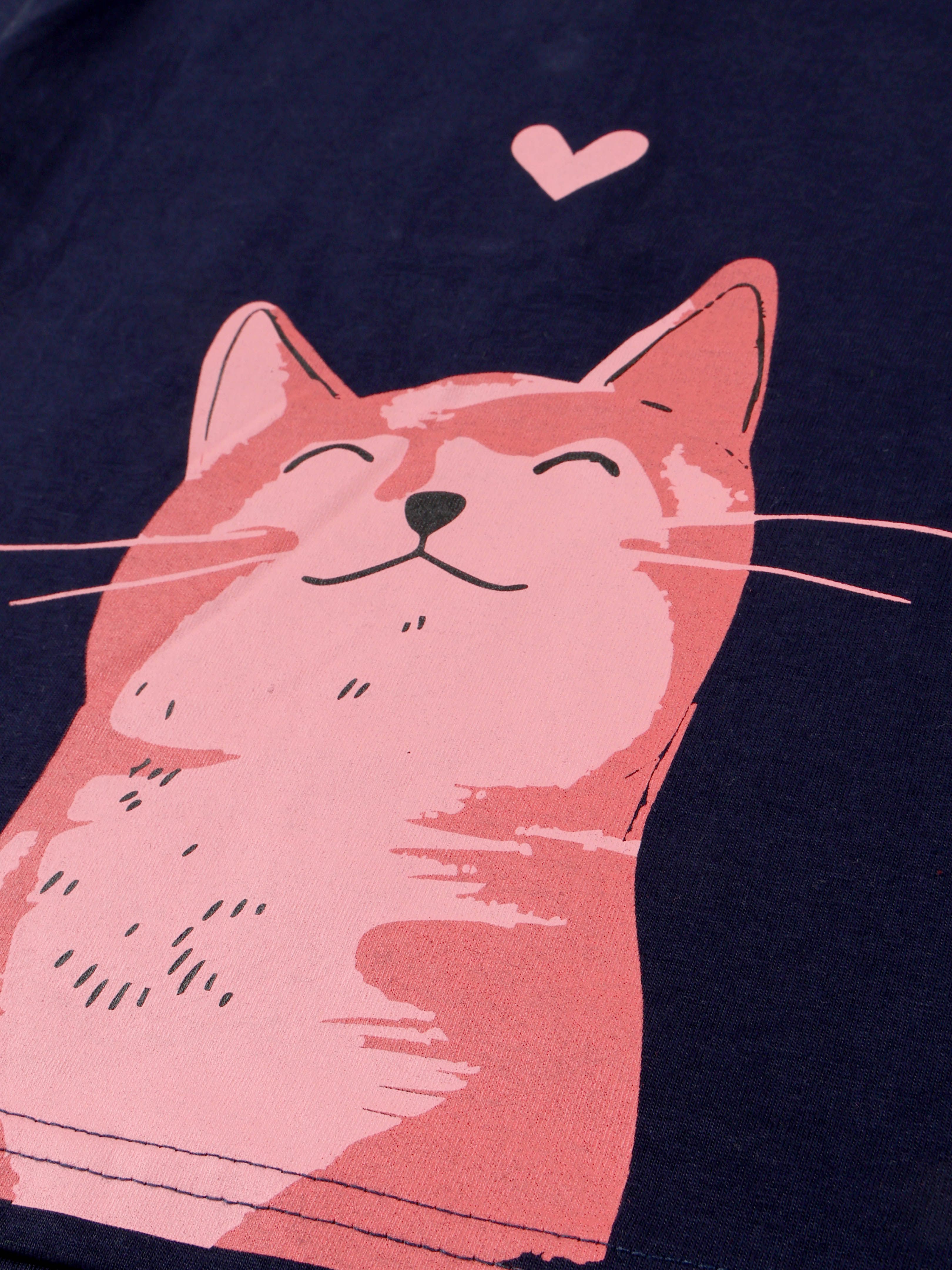 KiddoPanti Girls 100% Cotton Smiling Kitty & Heart Graphic Printed Crop Polo Tee With  Picot Trim Collar