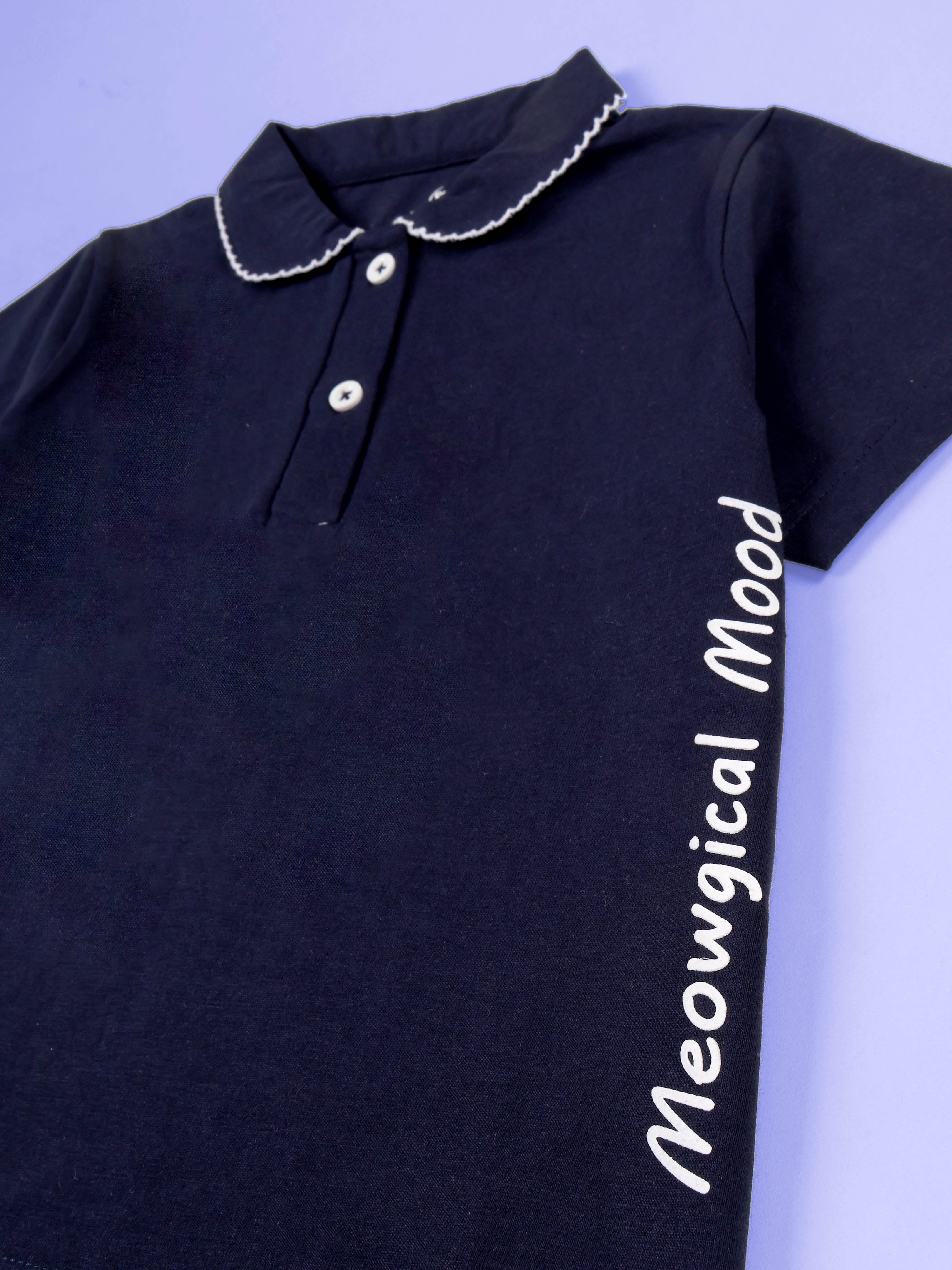 KiddoPanti Girls 100% Cotton Smiling Kitty & Heart Graphic Printed Crop Polo Tee With  Picot Trim Collar