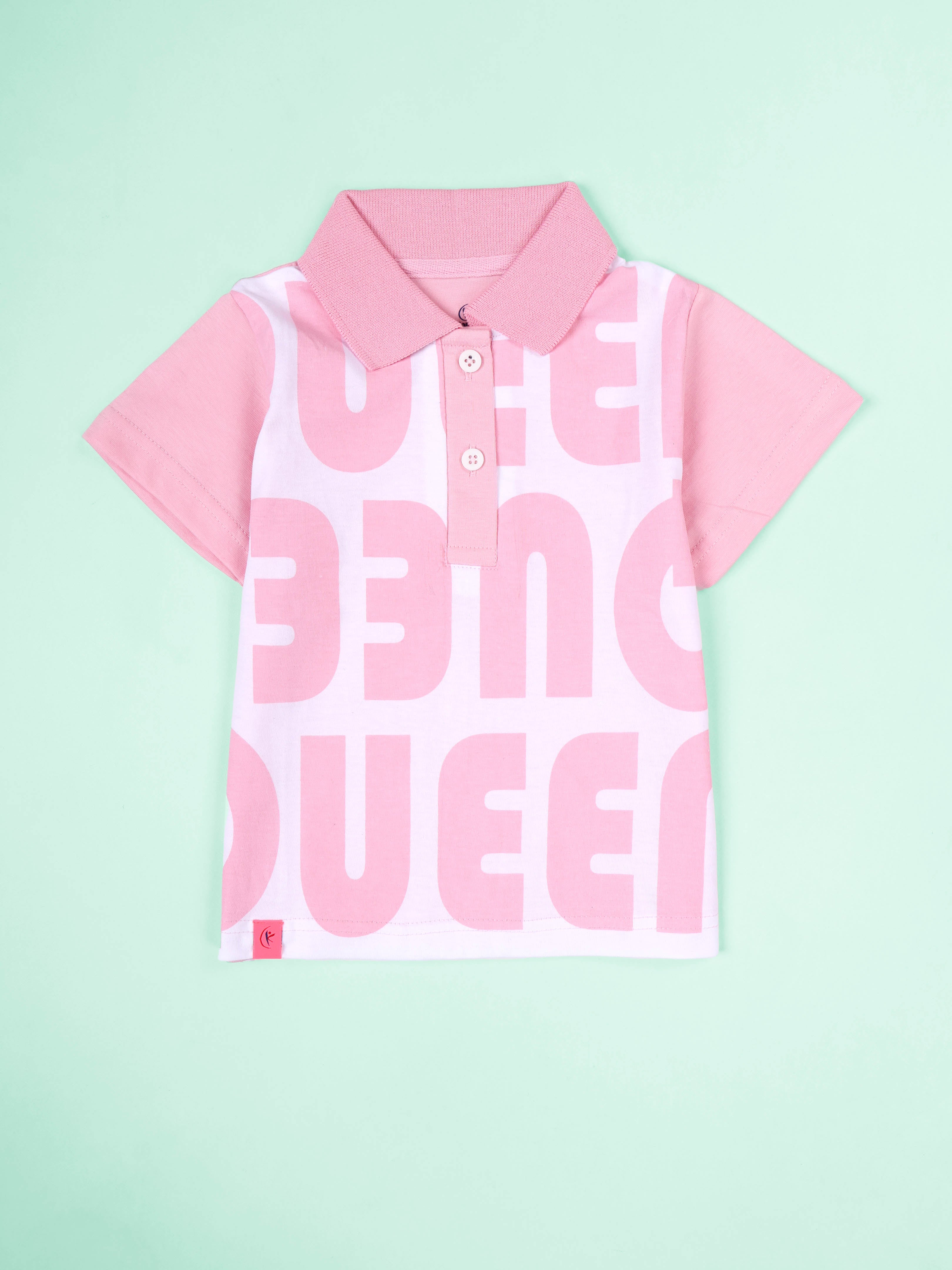 KiddoPanti Girls Cotton Graphic Bold Letter Printed Crop Polo Tee with Contrast Sleeves & Collar