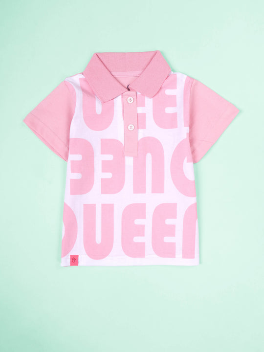 KiddoPanti Girls Cotton Graphic Bold Letter Printed Crop Polo Tee with Contrast Sleeves & Collar