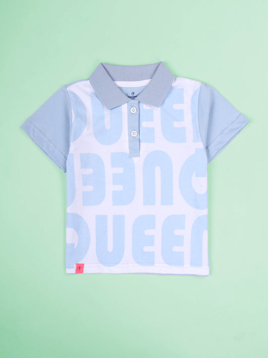 KiddoPanti Girls Cotton Graphic Bold Letter Printed Crop Polo Tee with Contrast Sleeves & Collar
