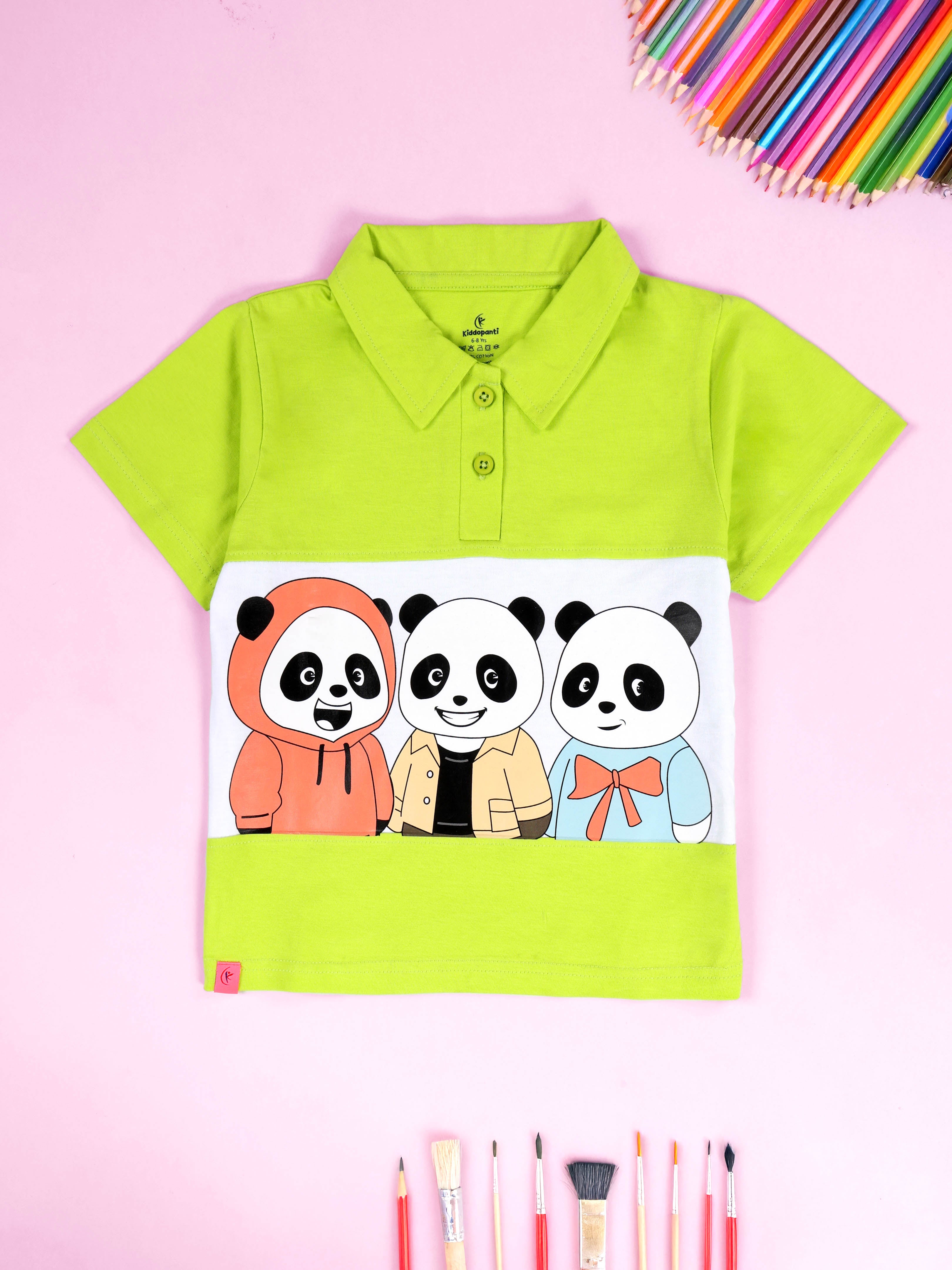 KiddoPanti Girls 100% Cotton Cute Cartoon Panda Graphic Printed Crop Polo Tee